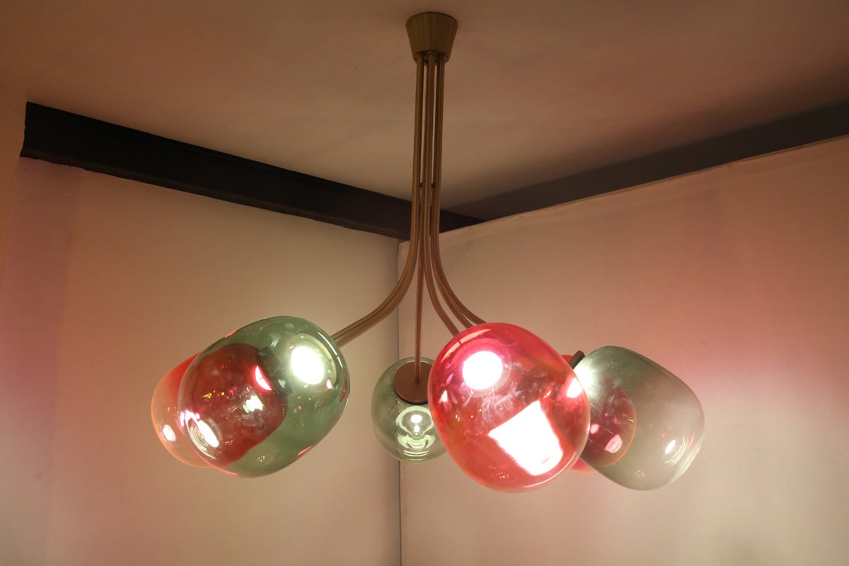 6 Module Paan Pasand Candy Chandelier with Brass and Hand Blown Glass For Sale