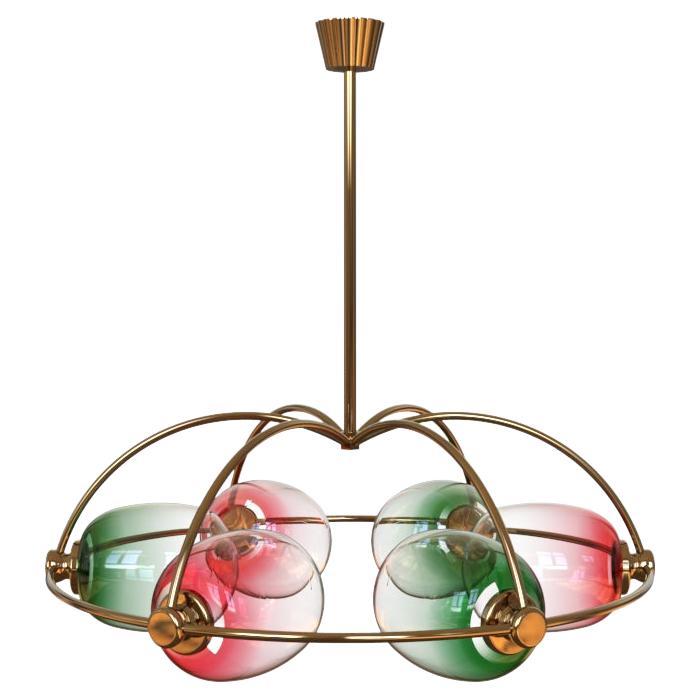 6 Module Umbrella Candy Chandelier with Hand-blown Glass and Brass For Sale