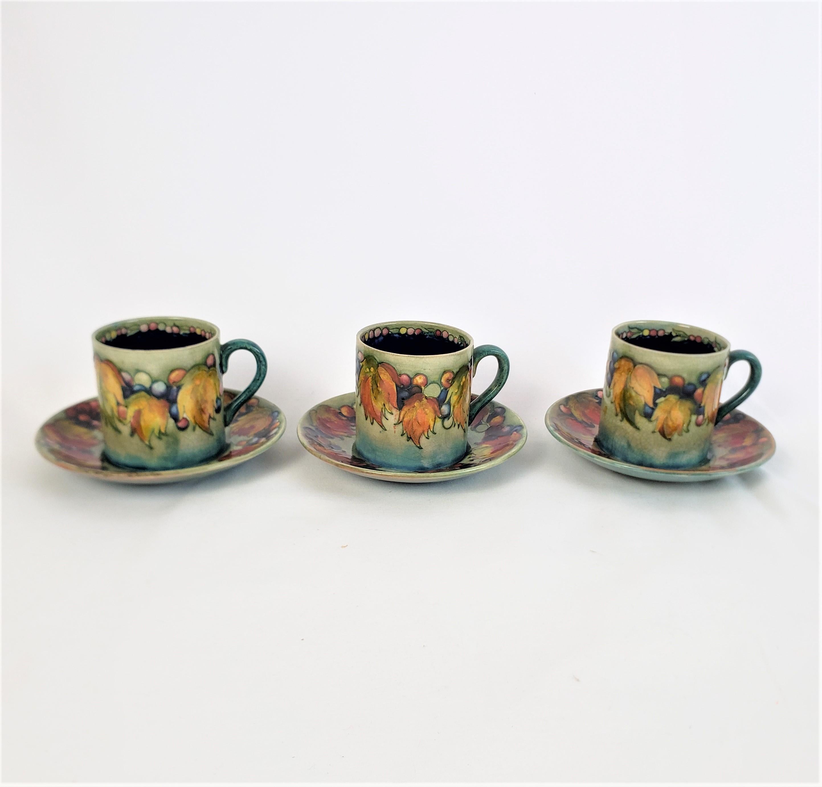 English 6 Moorcroft Art Pottery Demitasse Cup & Saucer Sets in the Leaf & Berry Pattern For Sale