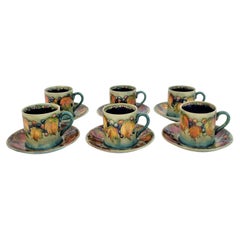 6 Moorcroft Art Pottery Demitasse Cup & Saucer Sets in the Leaf & Berry Pattern