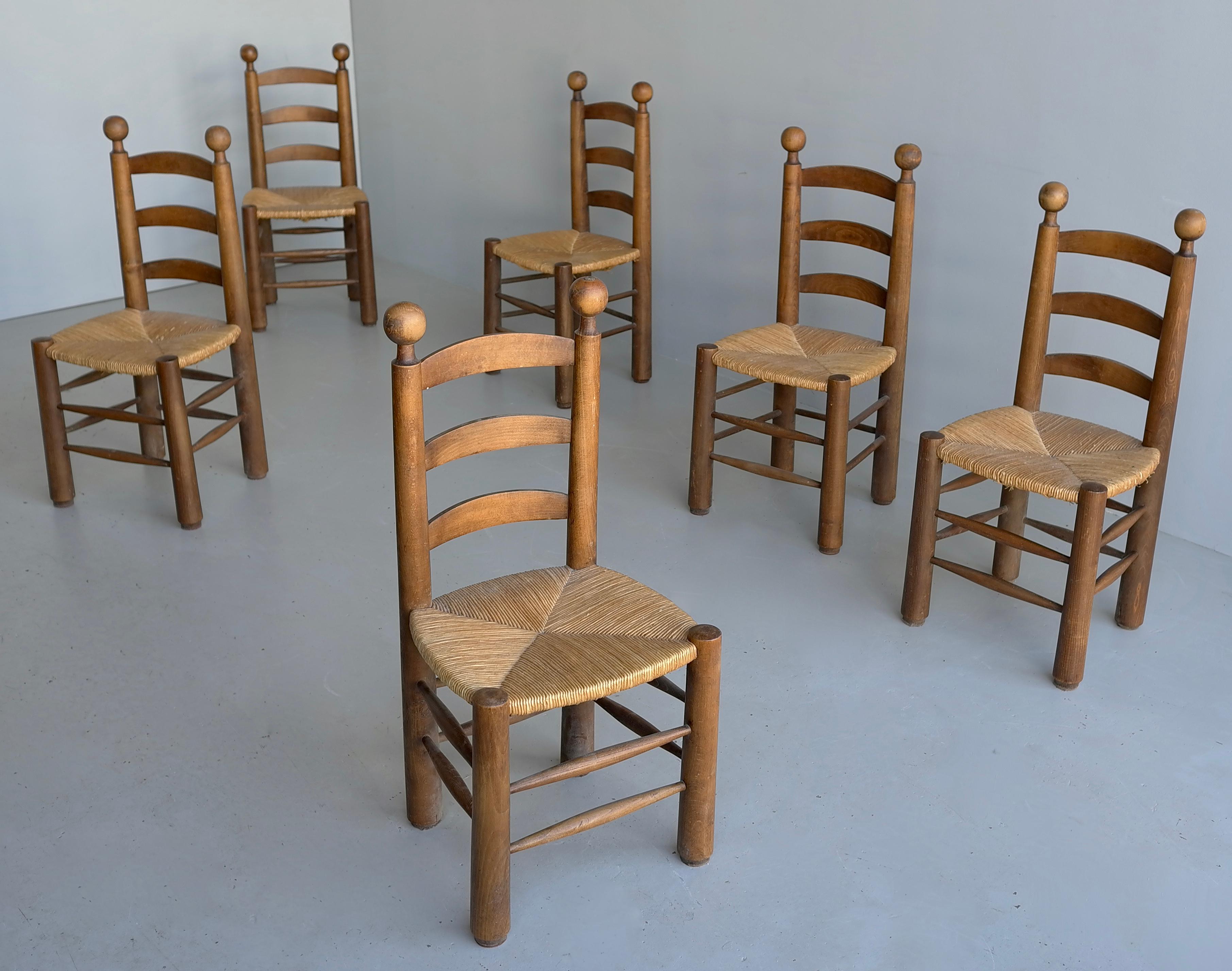 6 Chaises en Chêne Naturel et Jonc par Charles Dudouyt , France 1950's en vente 5
