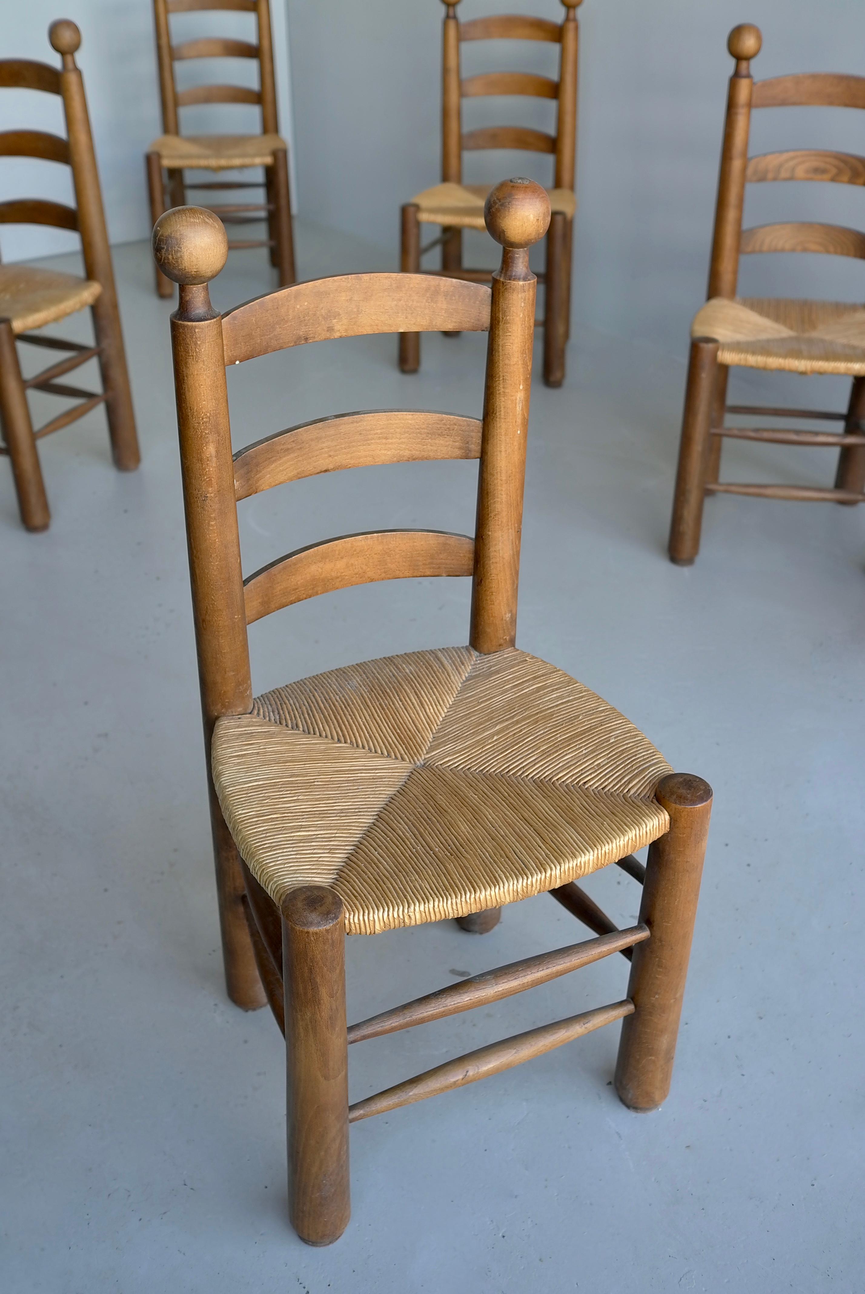 6 Chaises en Chêne Naturel et Jonc par Charles Dudouyt , France 1950's en vente 6