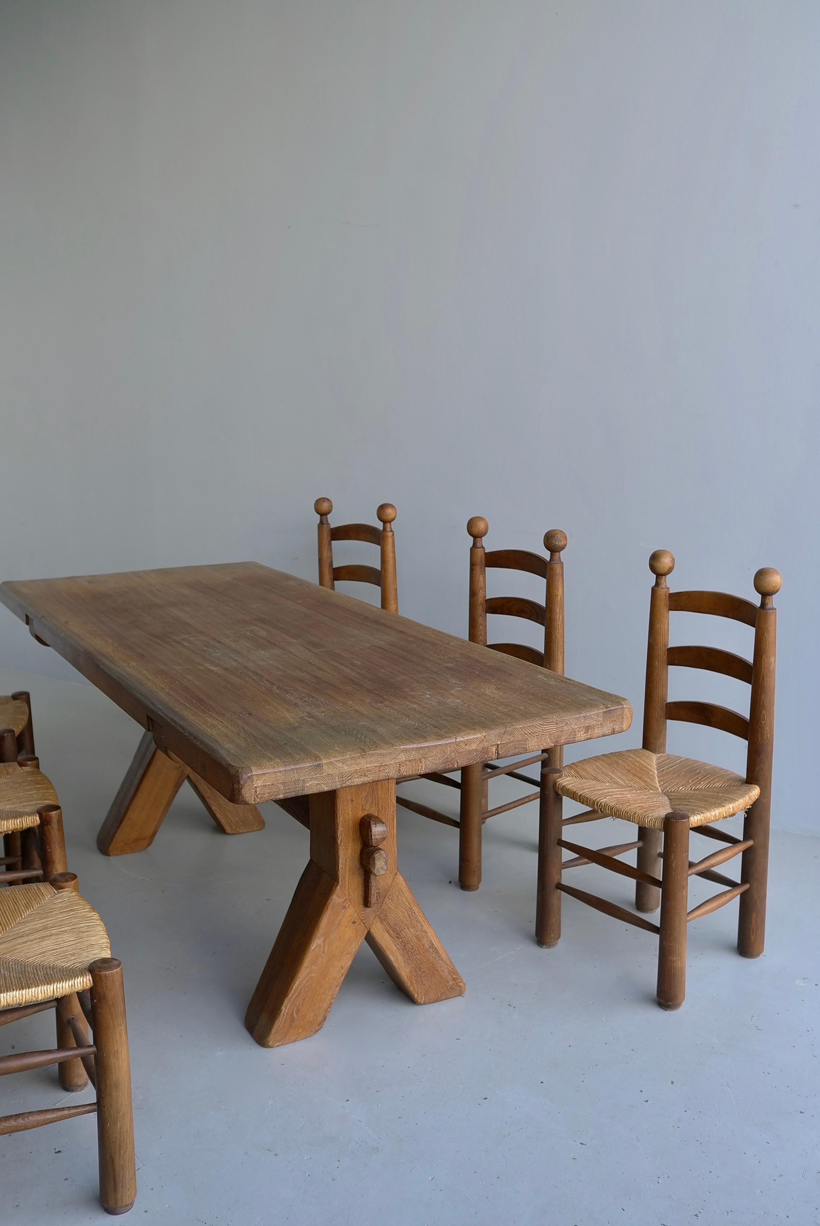 6 Stühle aus Eiche Natur und Binsen von Charles Dudouyt , Frankreich 1950er Jahre (Moderne der Mitte des Jahrhunderts)