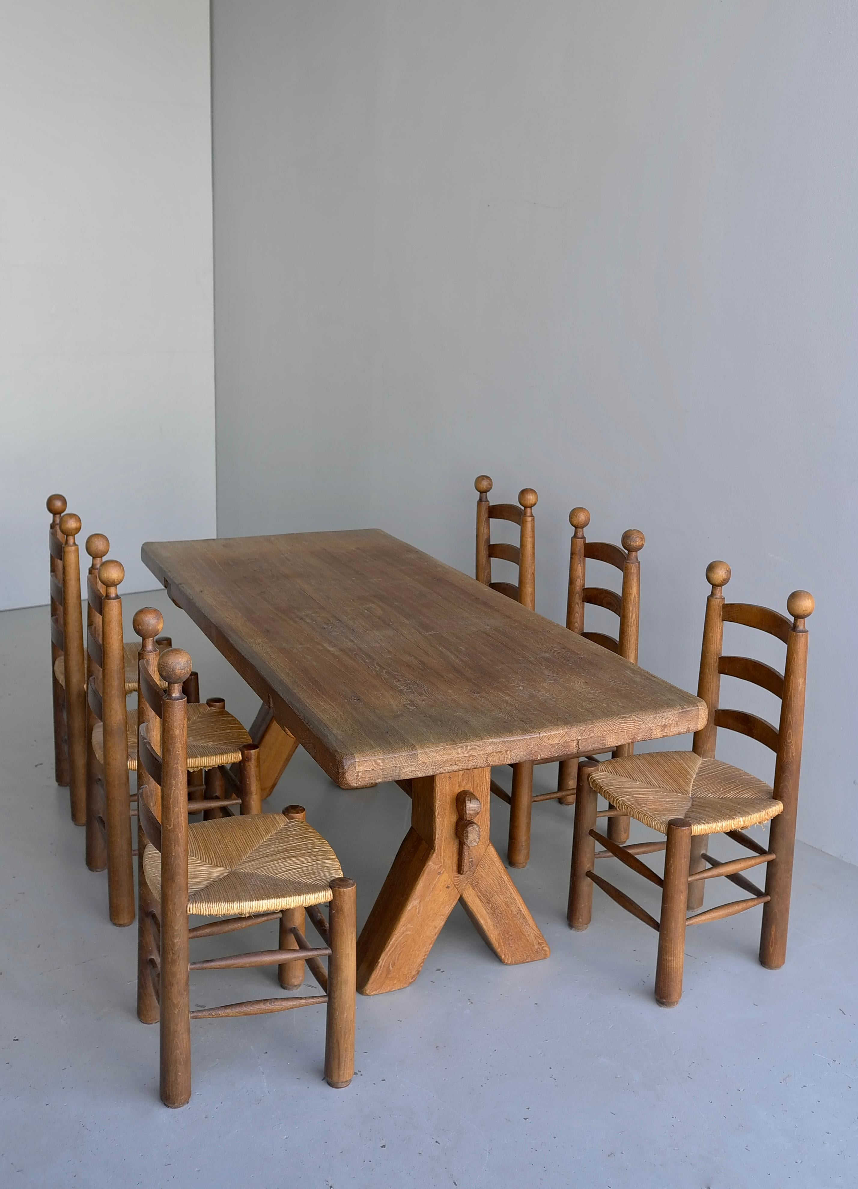 6 Stühle aus Eiche Natur und Binsen von Charles Dudouyt , Frankreich 1950er Jahre (Französisch)