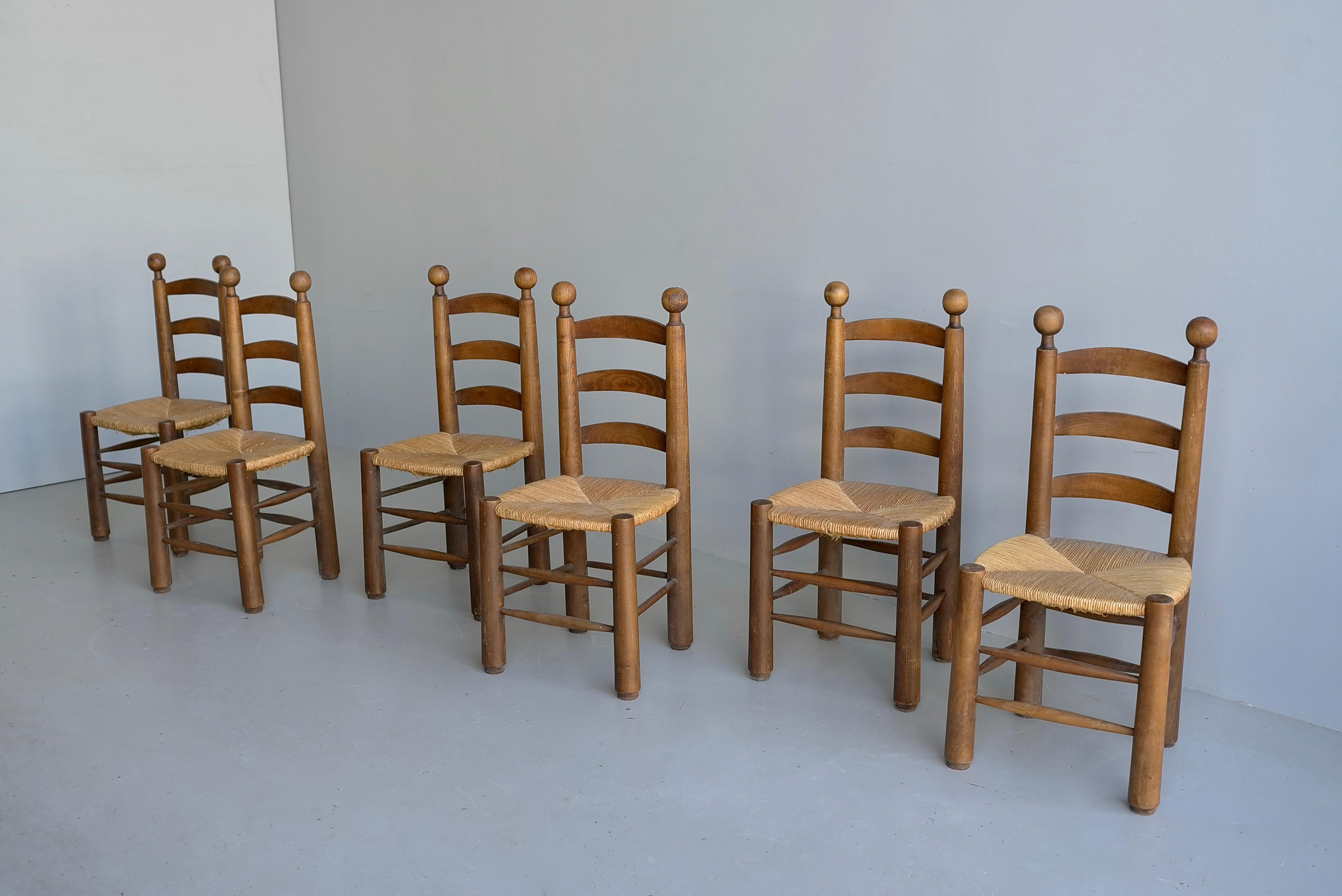 Mid-Century Modern 6 Chaises en Chêne Naturel et Jonc par Charles Dudouyt , France 1950's en vente