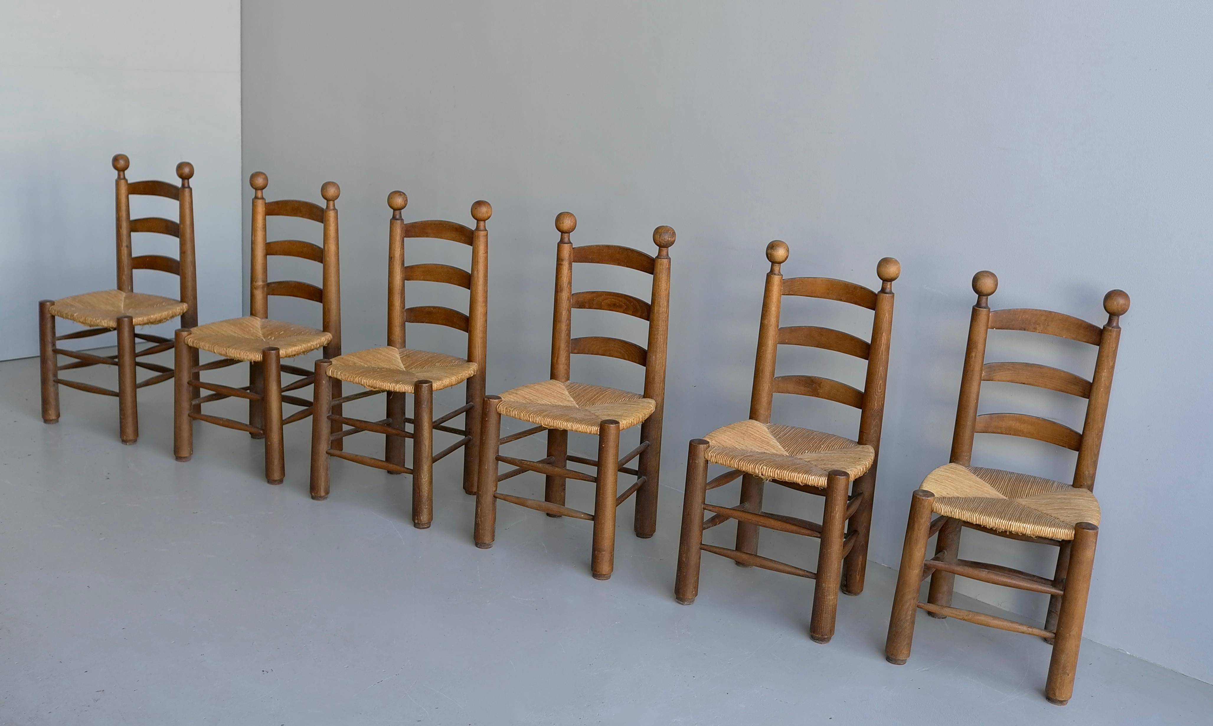 Milieu du XXe siècle 6 Chaises en Chêne Naturel et Jonc par Charles Dudouyt , France 1950's en vente