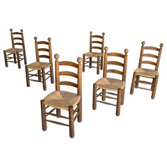 6 Chaises en Chêne Naturel et Jonc par Charles Dudouyt , France 1950's