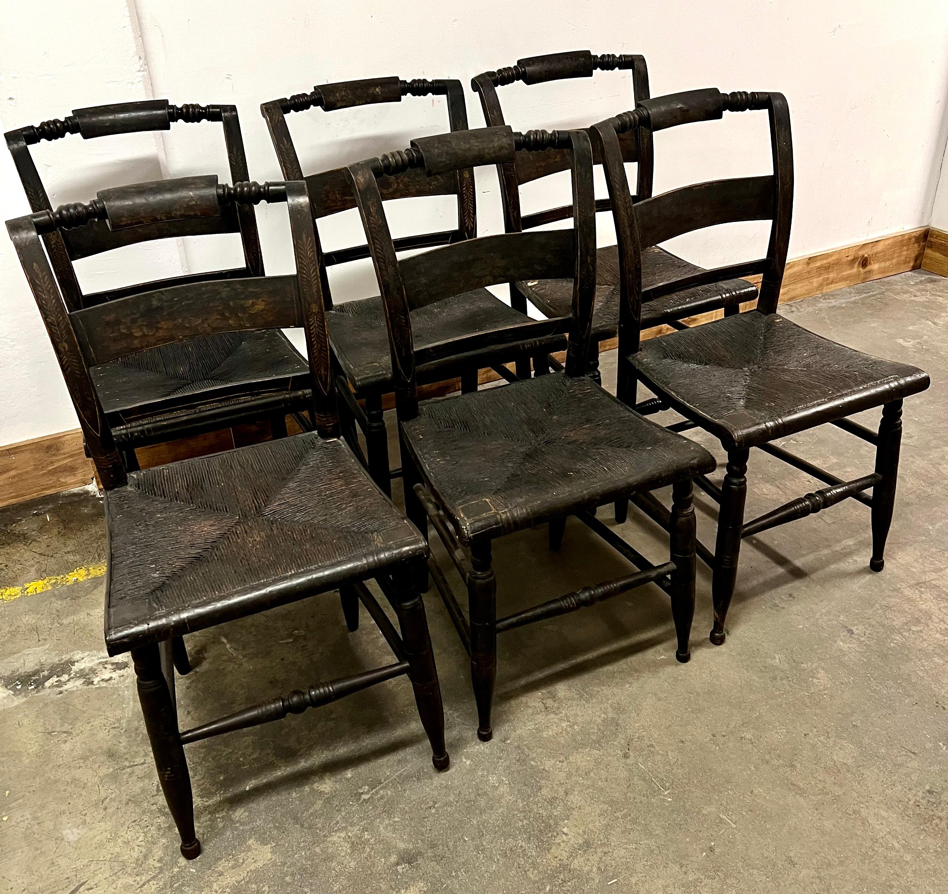 6 New England Hitchcock Style Chairs with Woven Rush Seats 2