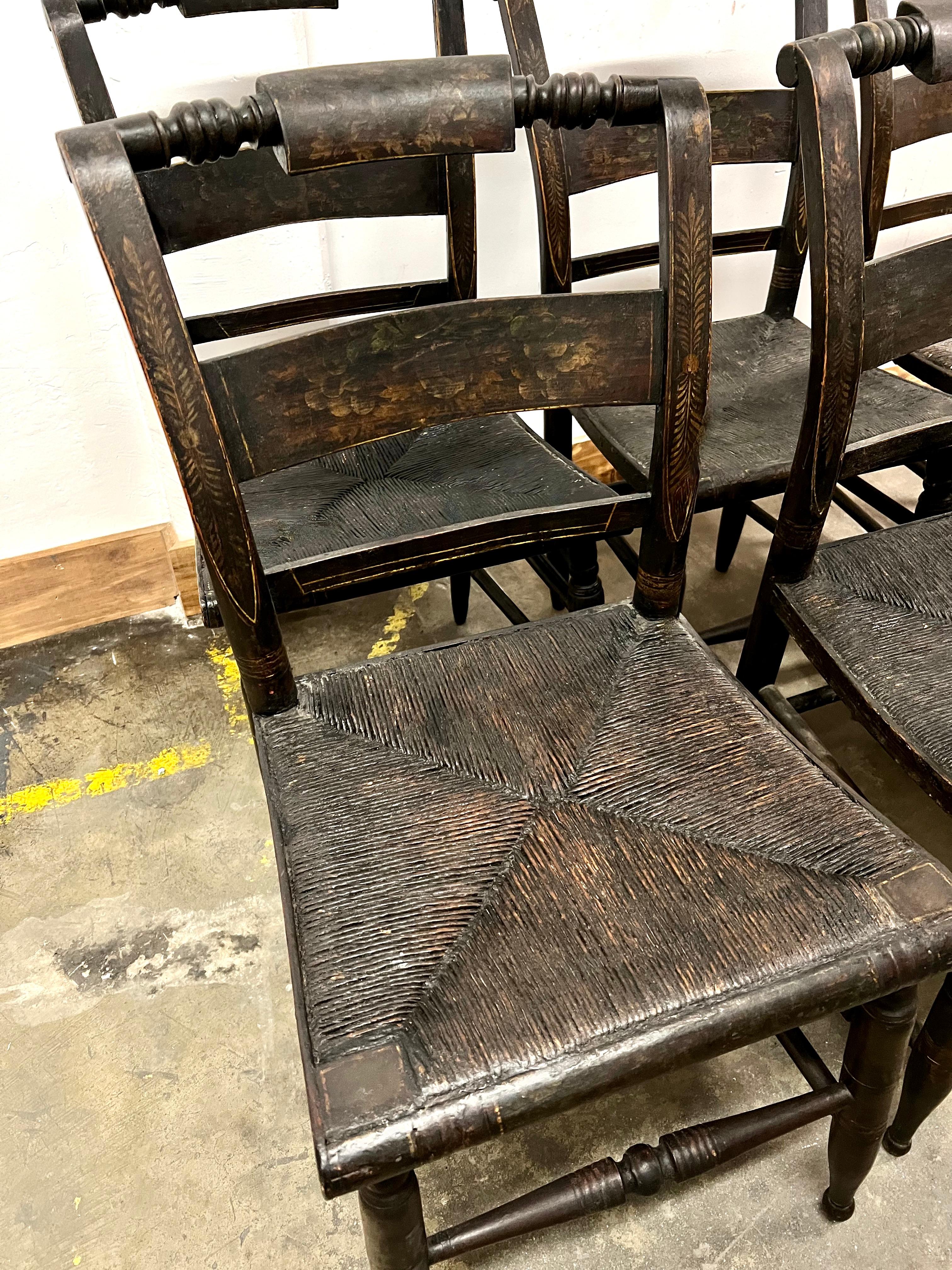 6 New England Hitchcock Style Chairs with Woven Rush Seats 3