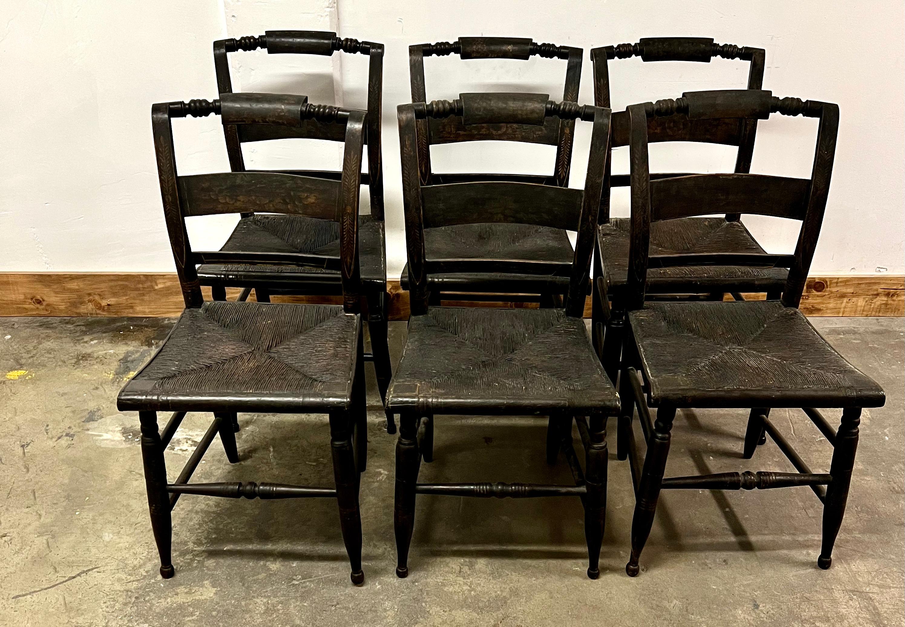 6 New England Hitchcock Style Chairs with Woven Rush Seats 6