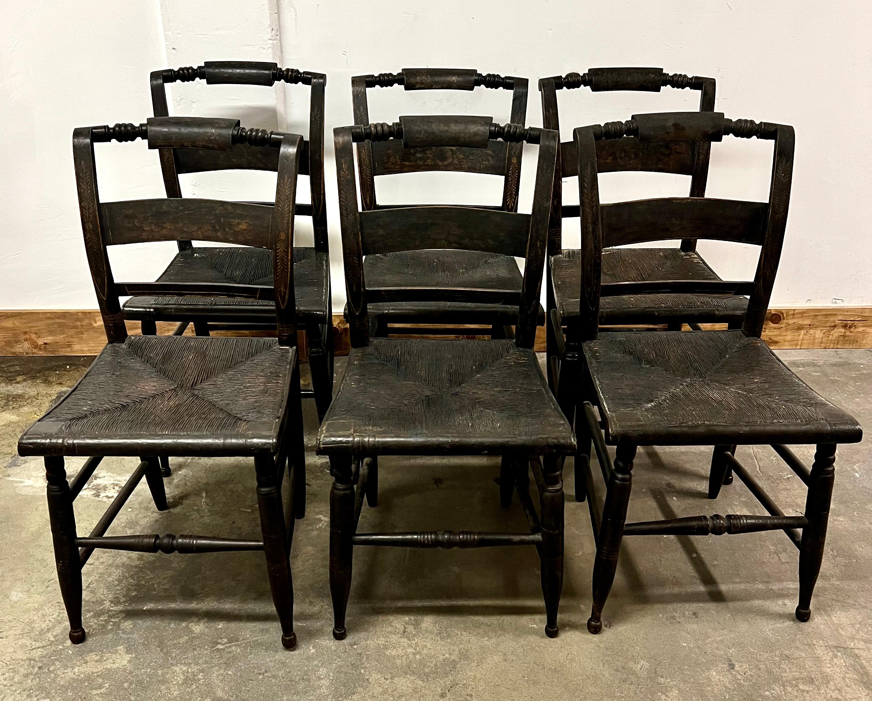 6 New England Hitchcock Style Chairs with Woven Rush Seats 1