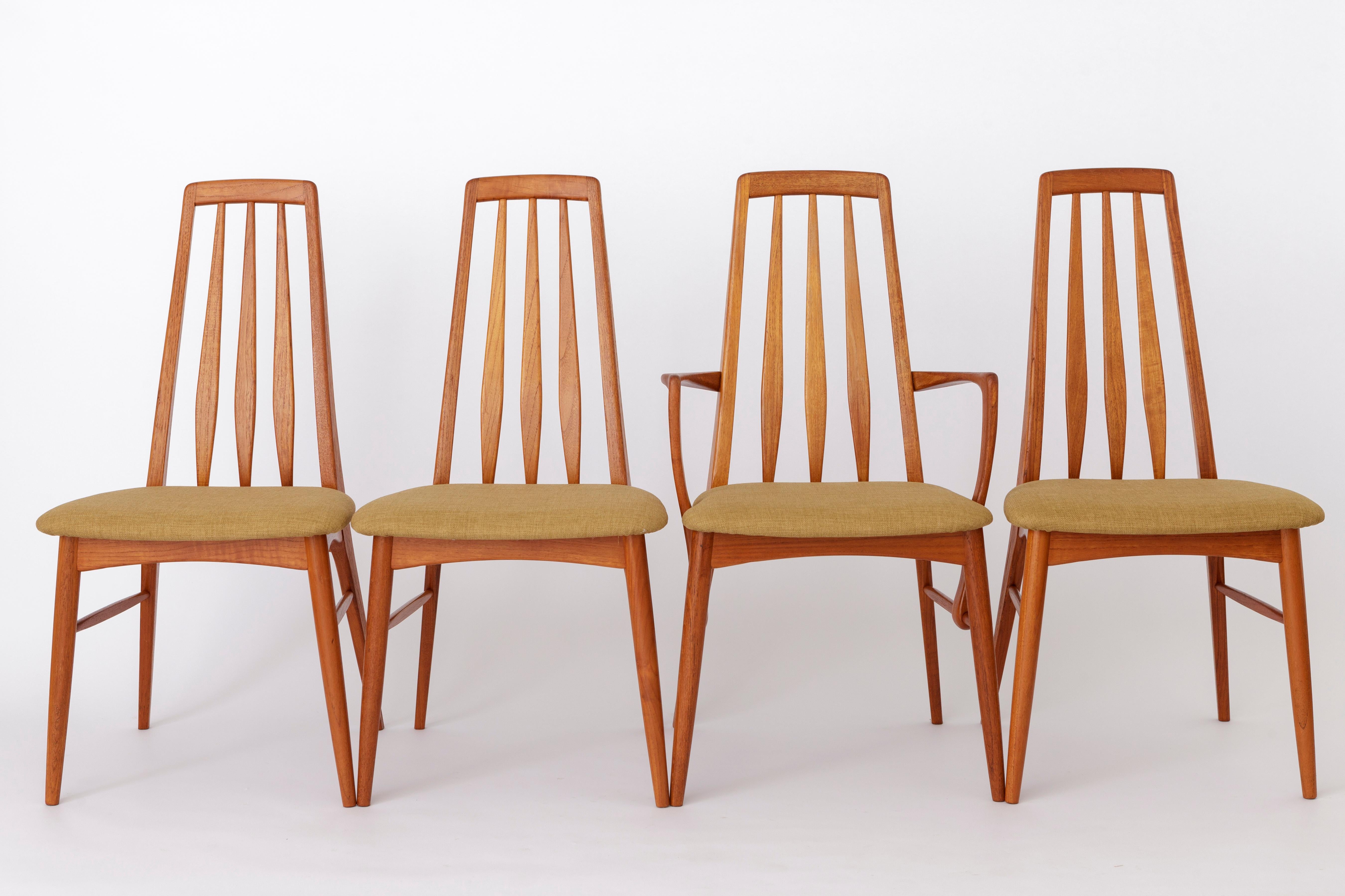 Set of 6 teak chairs by Danish designer and manufacturer Niels Koefoed. 
Production period: 1960s. 
Displayed price is for a set of 6 (2 armchairs + 4 side chairs). 

Sturdy teak chair frames. Refurbished and oiled. 
Seats reupholstered with textile