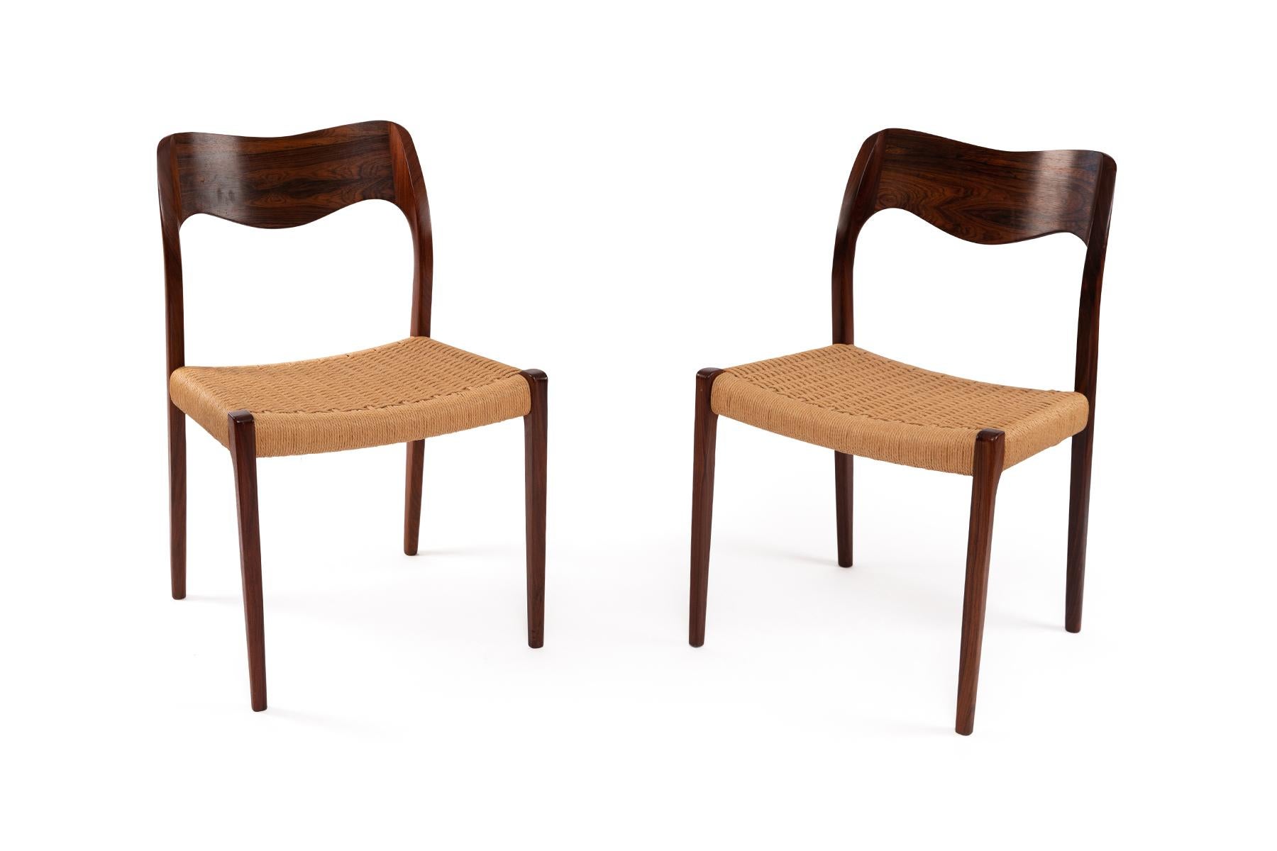 All original Brazilian rosewood and corded model 77 chairs by Niels Otto Møller. These chairs are in wonderful original condition and have stunning grain. Price listed is for the set of 6.