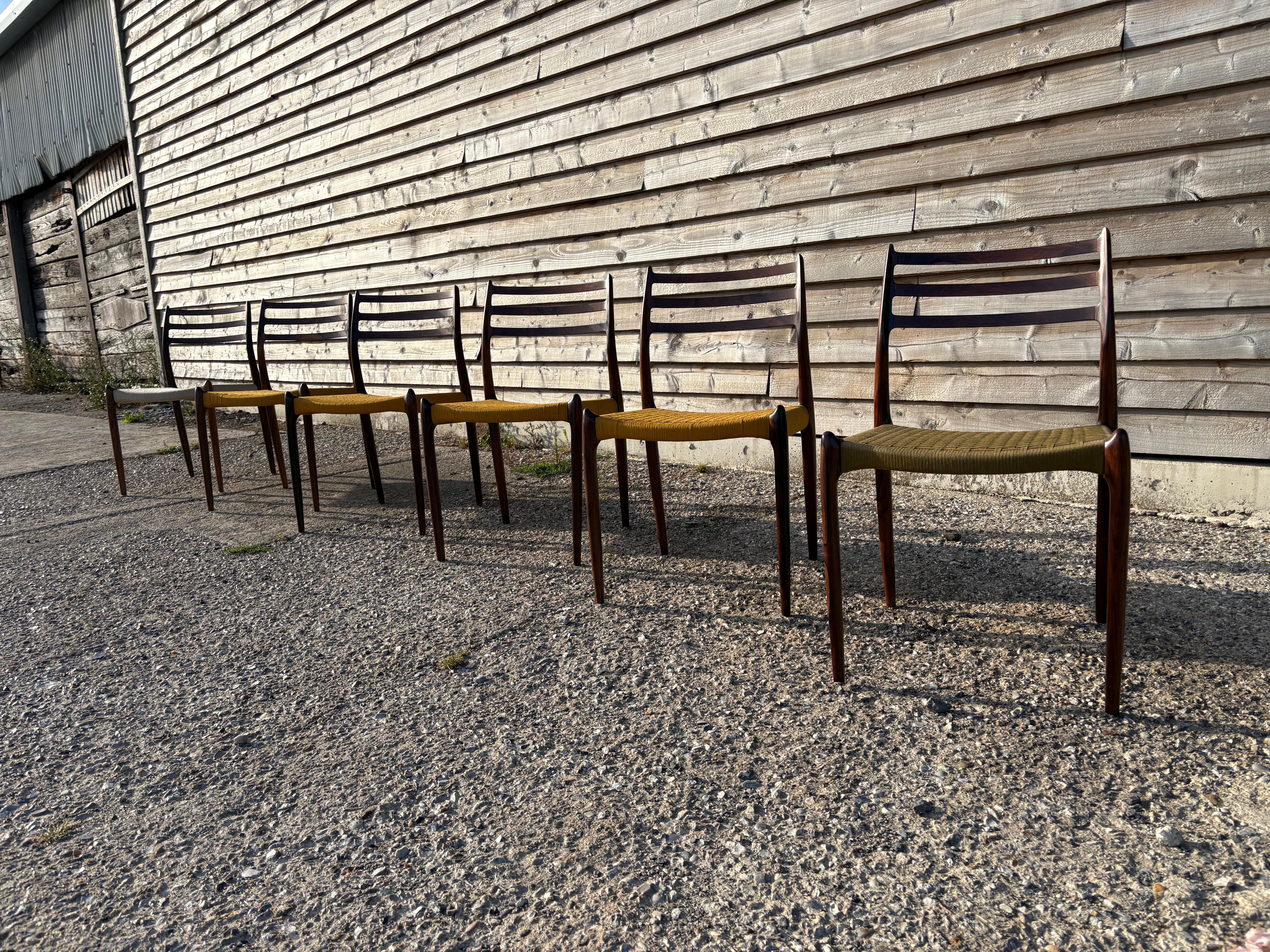 This group of 6 Niel Otto Moller's Model 78 chair was designed in 1962 and made before 1970 given the round metal JL Moller labels, which were discontinued in 1970. 

The group of six is being sold as individual chairs and is made up of 4 with