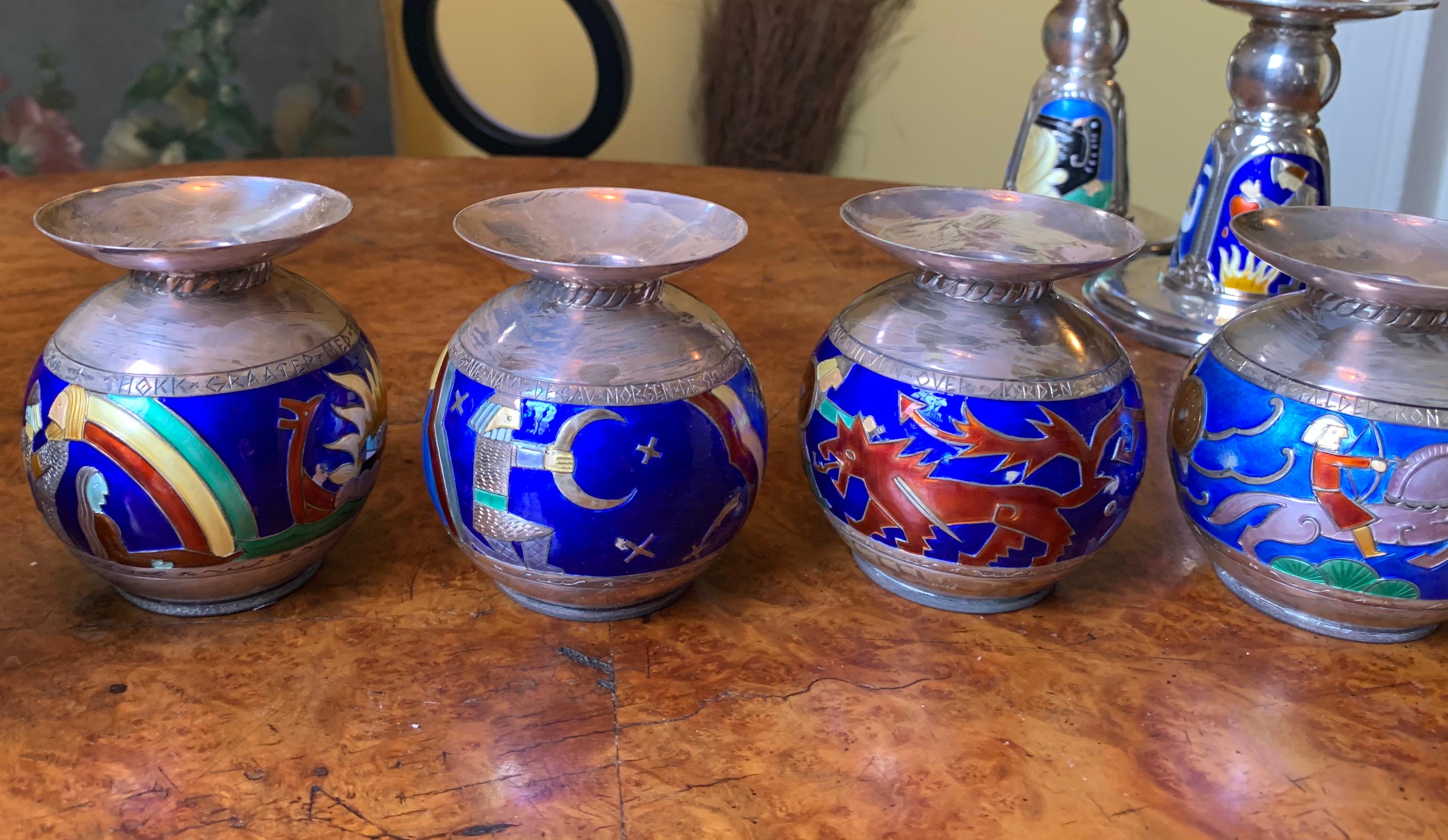 6 Norwegian Modernist Enamel Sterling Silver Candlesticks N.M.Thune Viking Norse For Sale 9