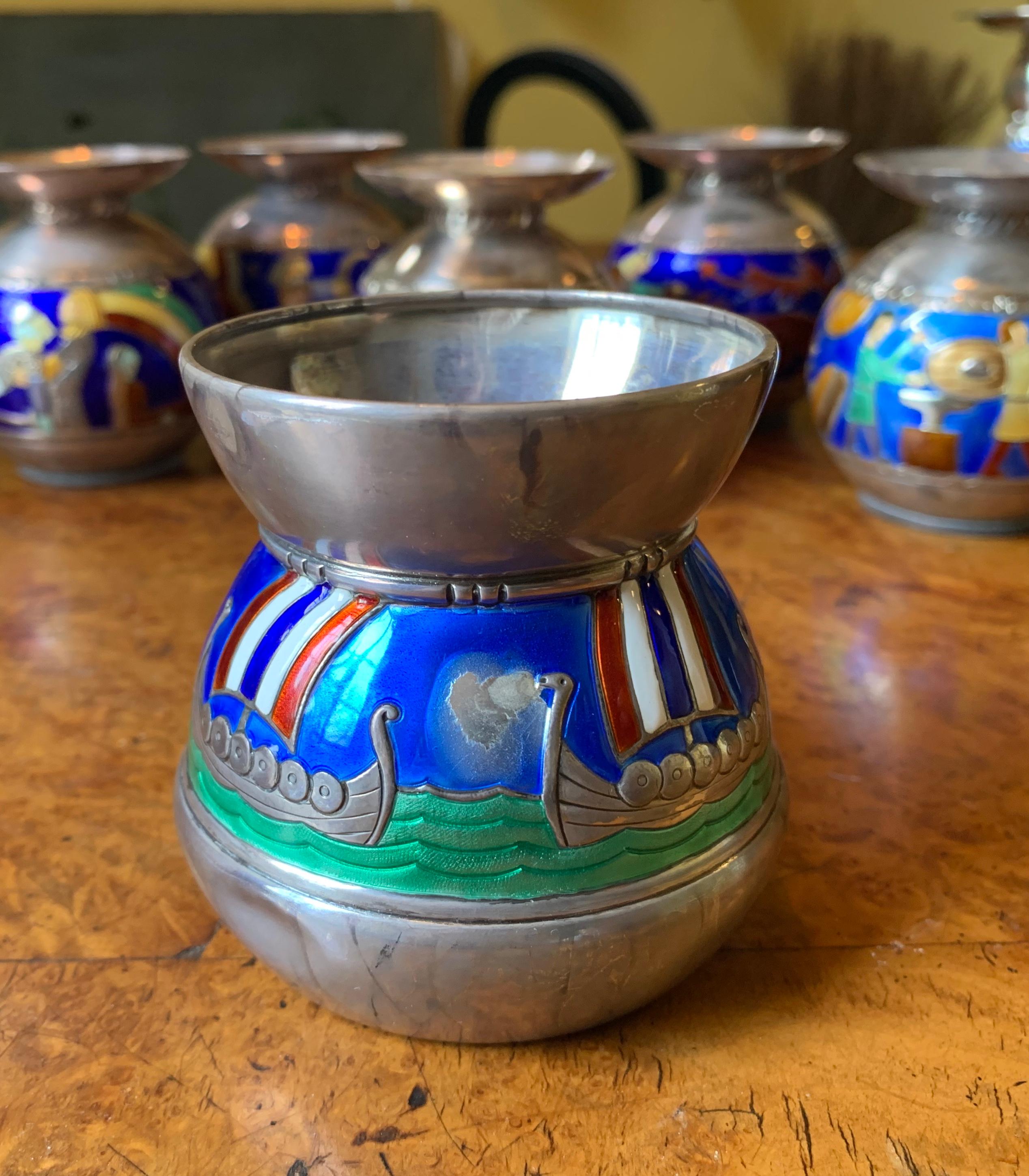 6 Norwegian Modernist Enamel Sterling Silver Candlesticks N.M.Thune Viking Norse For Sale 11