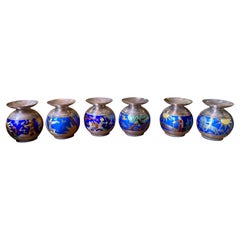 6 Norwegian Modernist Enamel Sterling Silver Candlesticks N.M.Thune Viking Norse