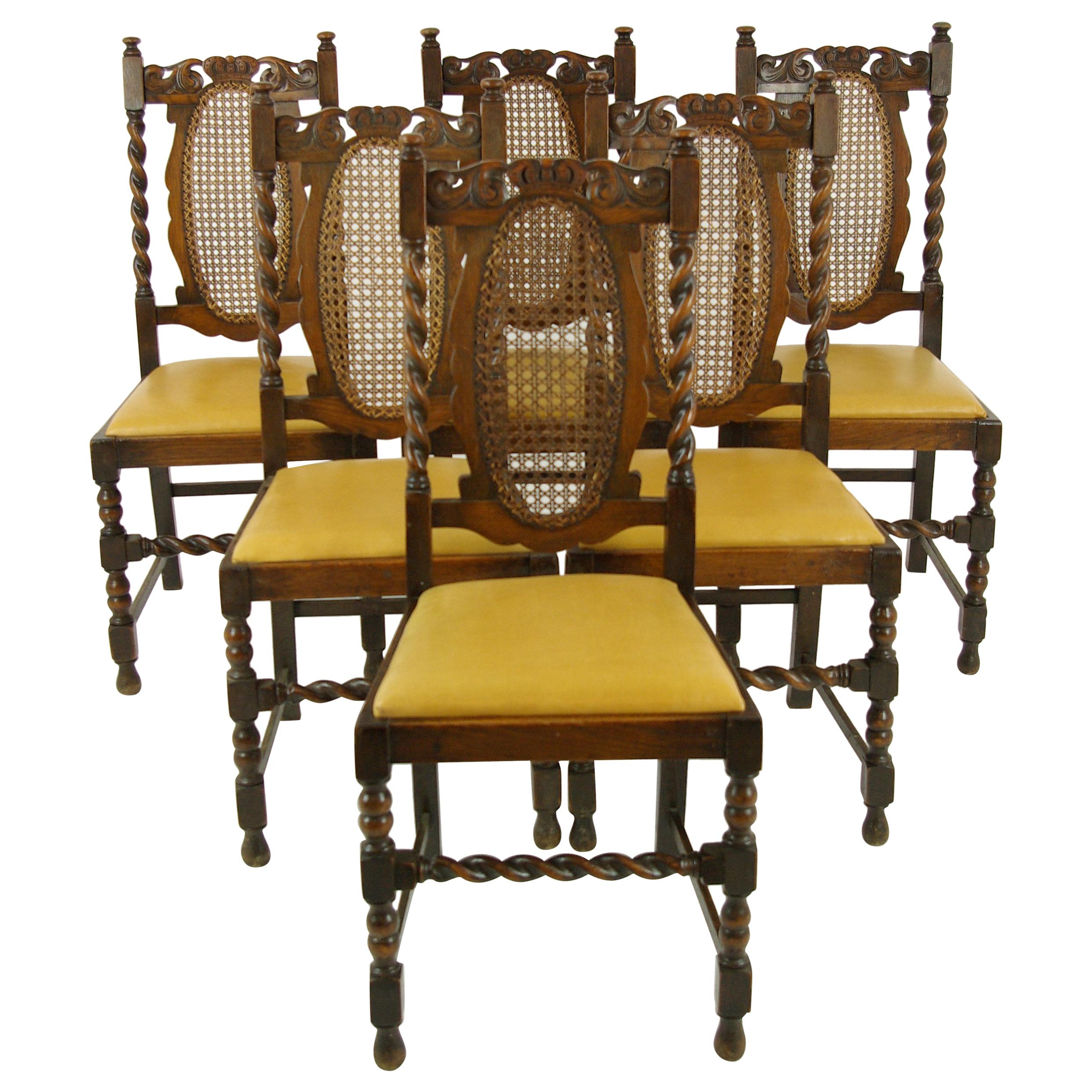 6 Oak Dining Chairs, Barley Twist Chairs, Scotland 1920, Antique