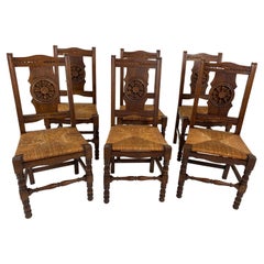 Antique 6 Oak High Rush Seated Dining Chairs, Scotland 1920