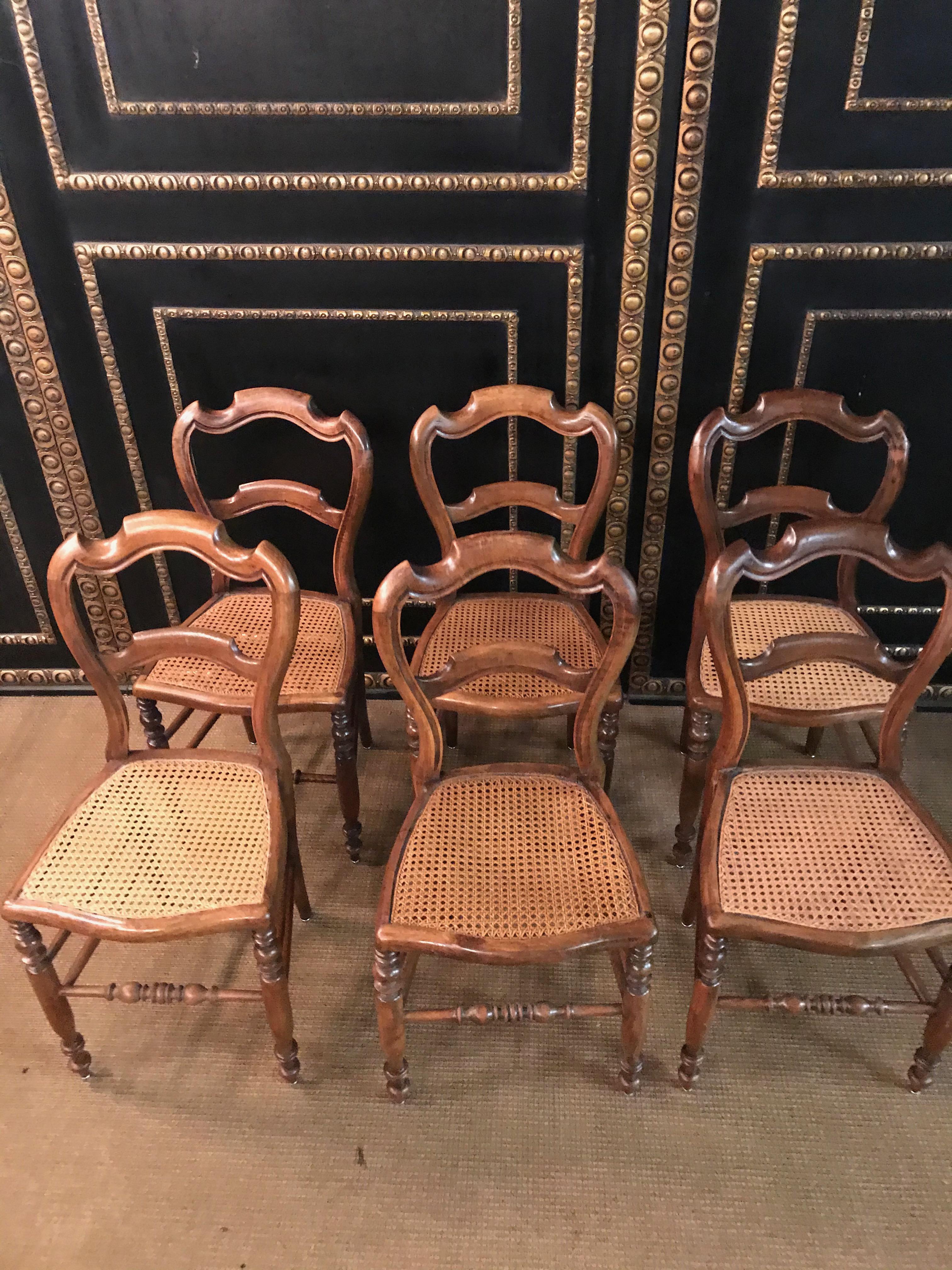 German 6 Original Biedermeier Chairs Caféhaus Seat Weave circa 1850-1860 Solid Mahogany For Sale