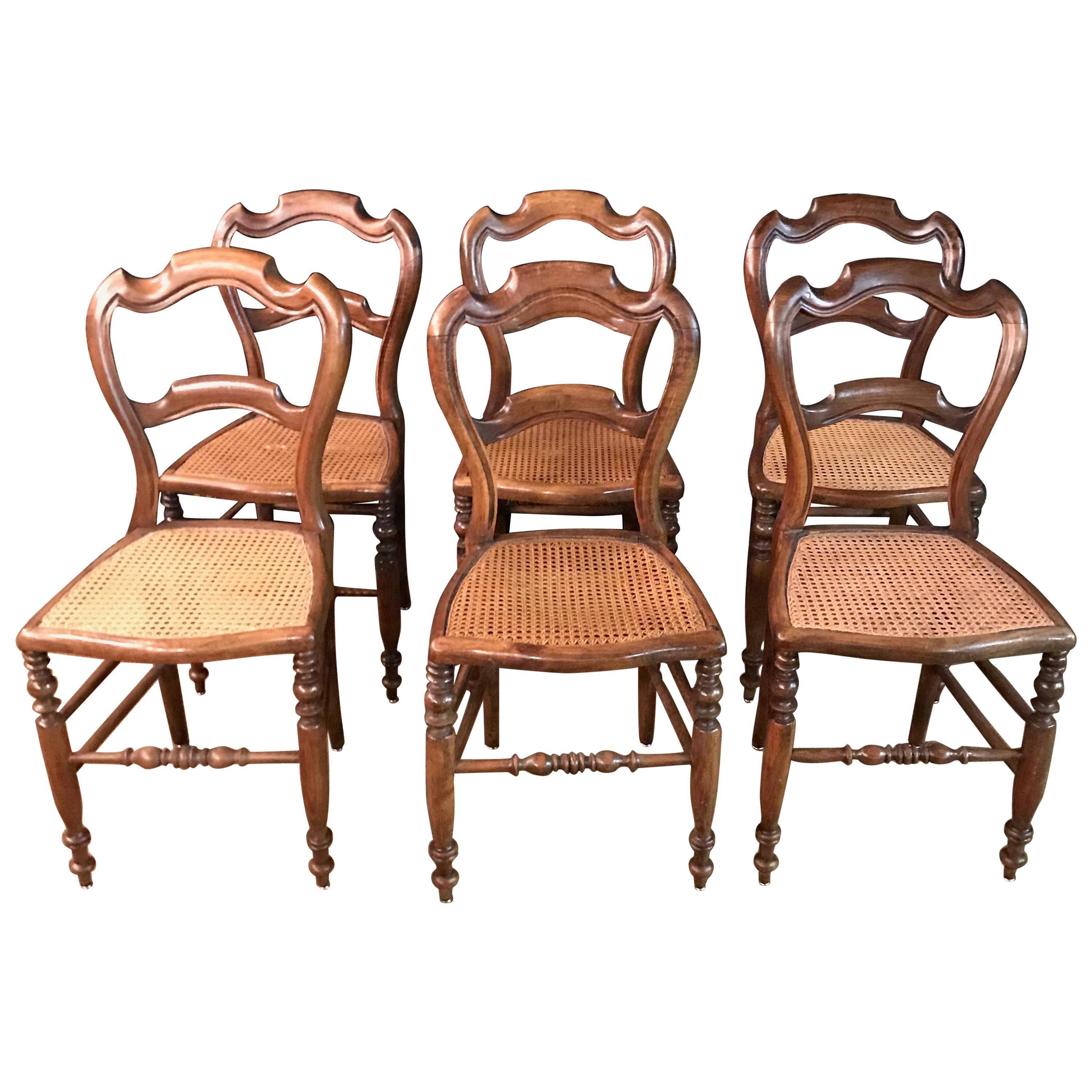 6 Original Biedermeier-Stühle, Cafhaus-Sitzgewebe, ca. 1850-1860, massives Mahagoni