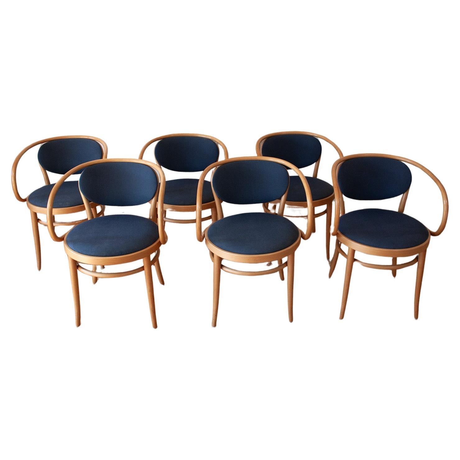 6 Original Thonet 209 Dining chairs with rare blue upholstery For Sale