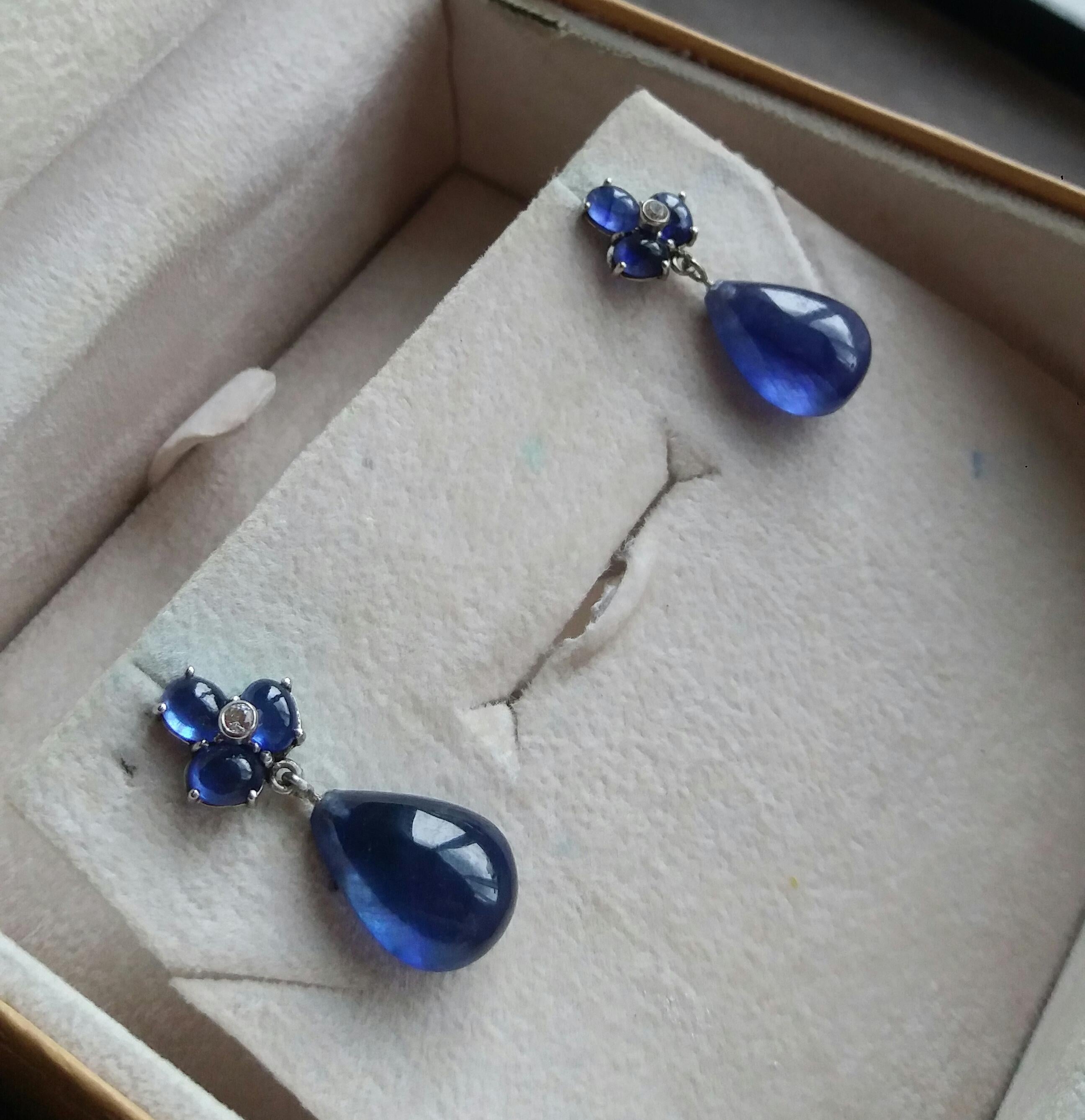 6 Oval Blue Sapphires Gold Diamonds Pear Shape Blue Sapphires Drops Earrings For Sale 3