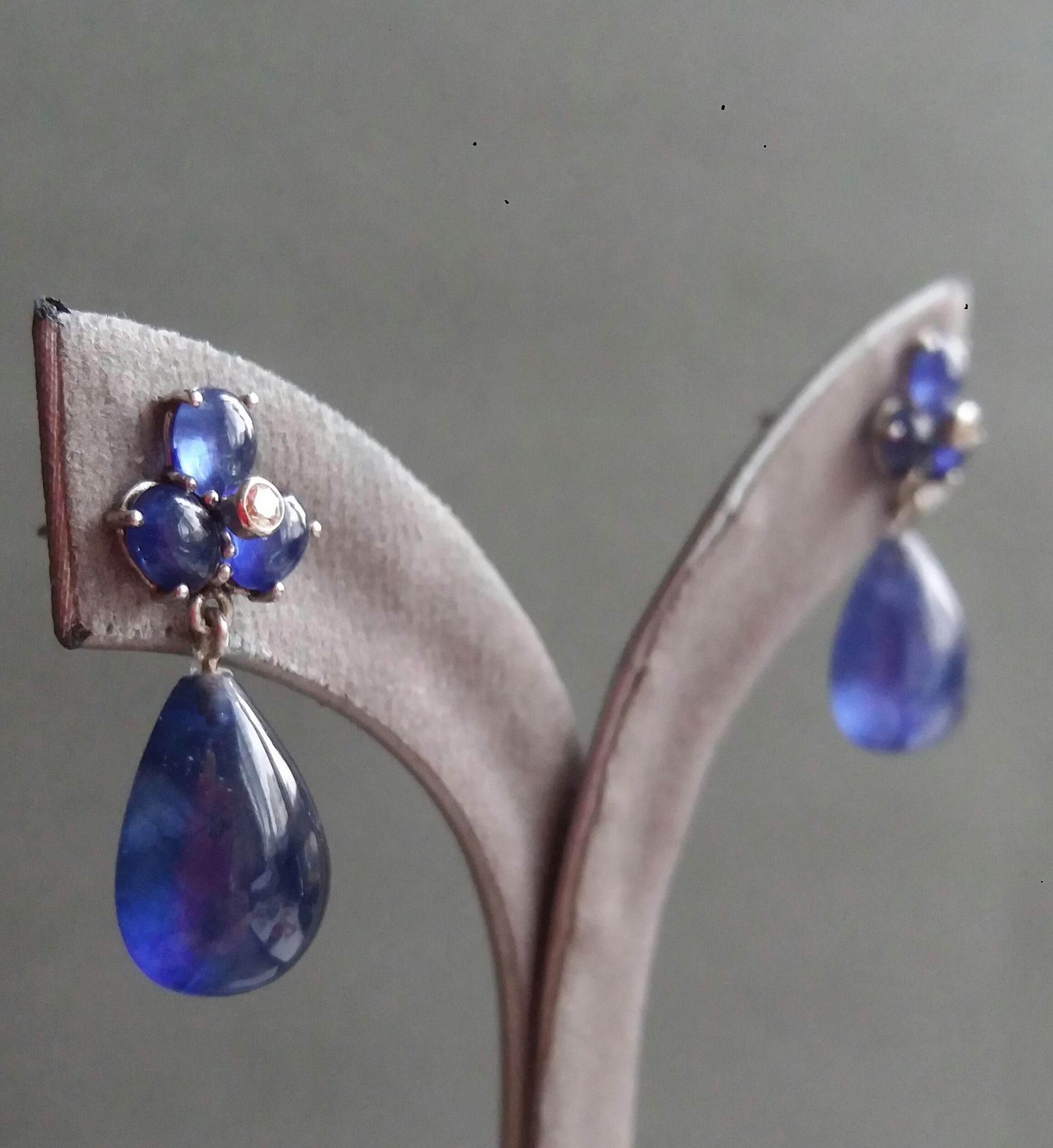 6 Oval Blue Sapphires Gold Diamonds Pear Shape Blue Sapphires Drops Earrings For Sale 5