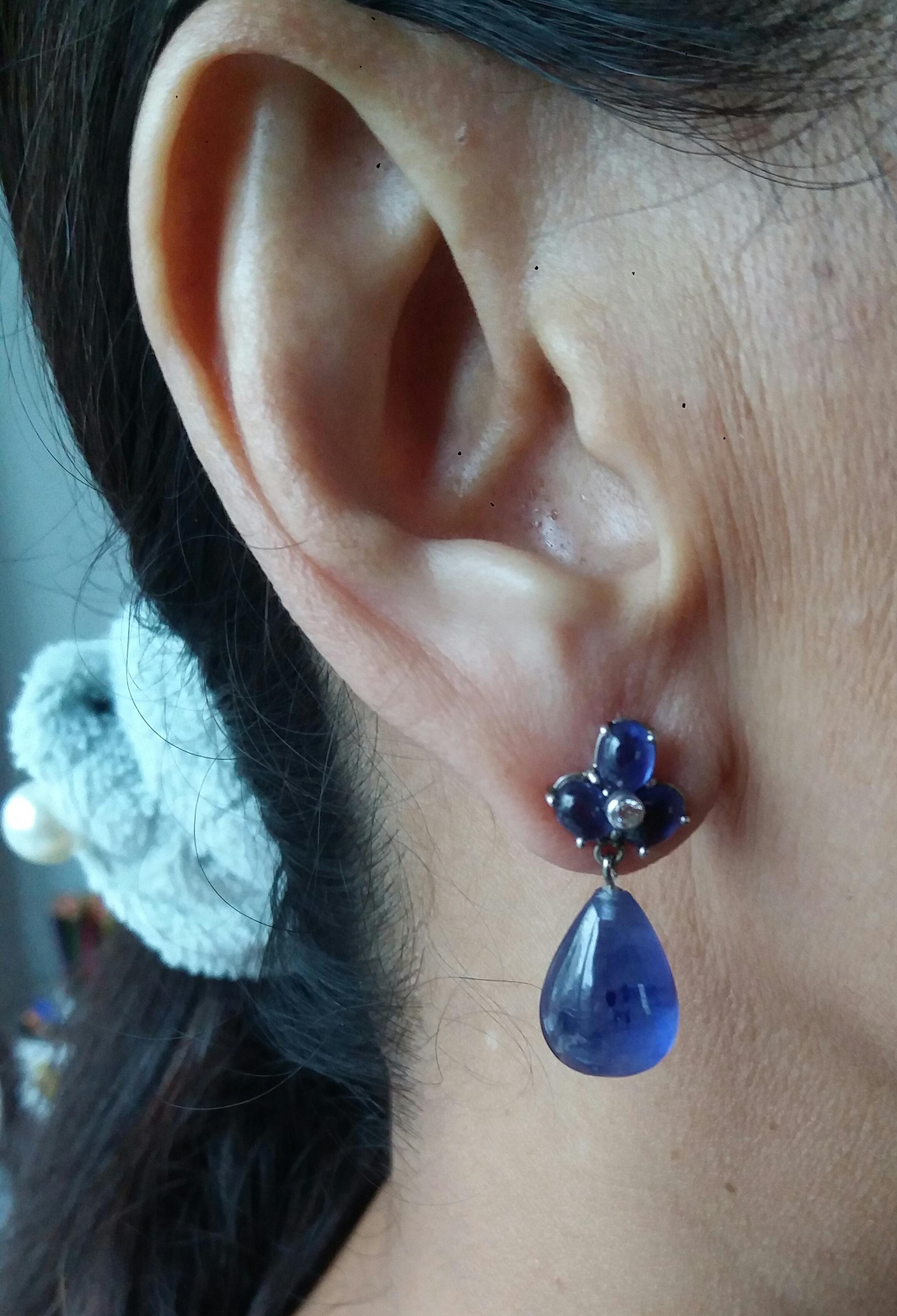 6 Oval Blue Sapphires Gold Diamonds Pear Shape Blue Sapphires Drops Earrings For Sale 6