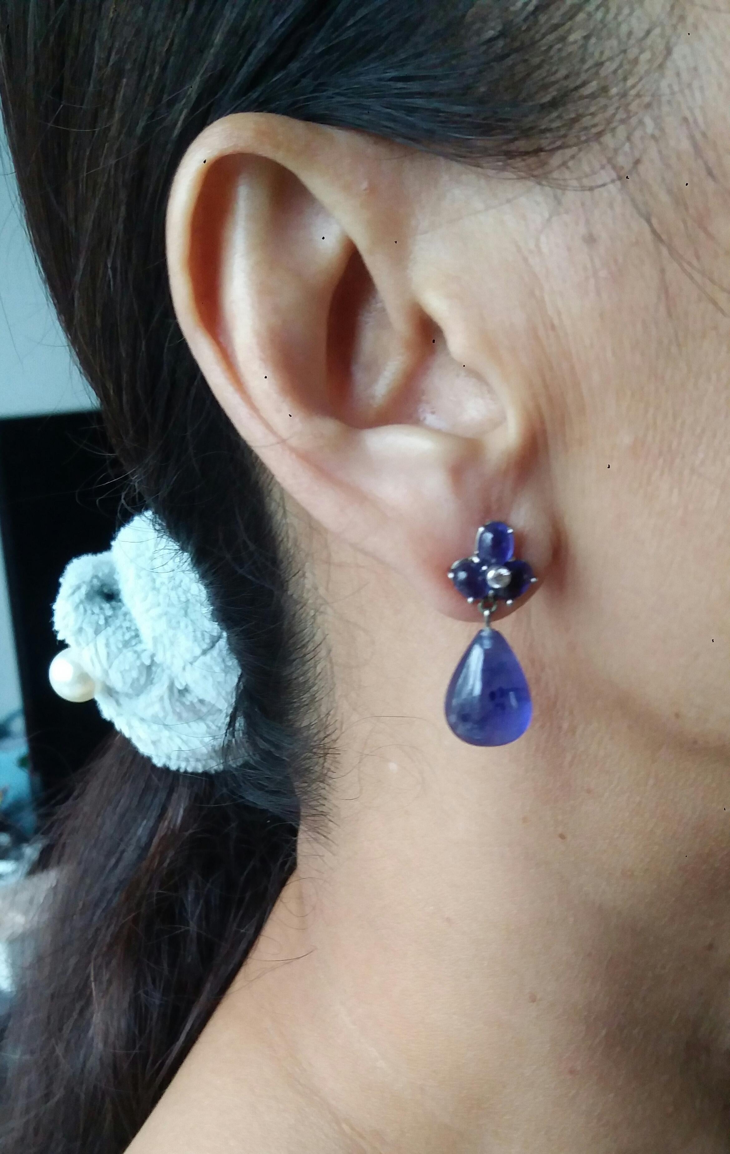 6 Oval Blue Sapphires Gold Diamonds Pear Shape Blue Sapphires Drops Earrings For Sale 7