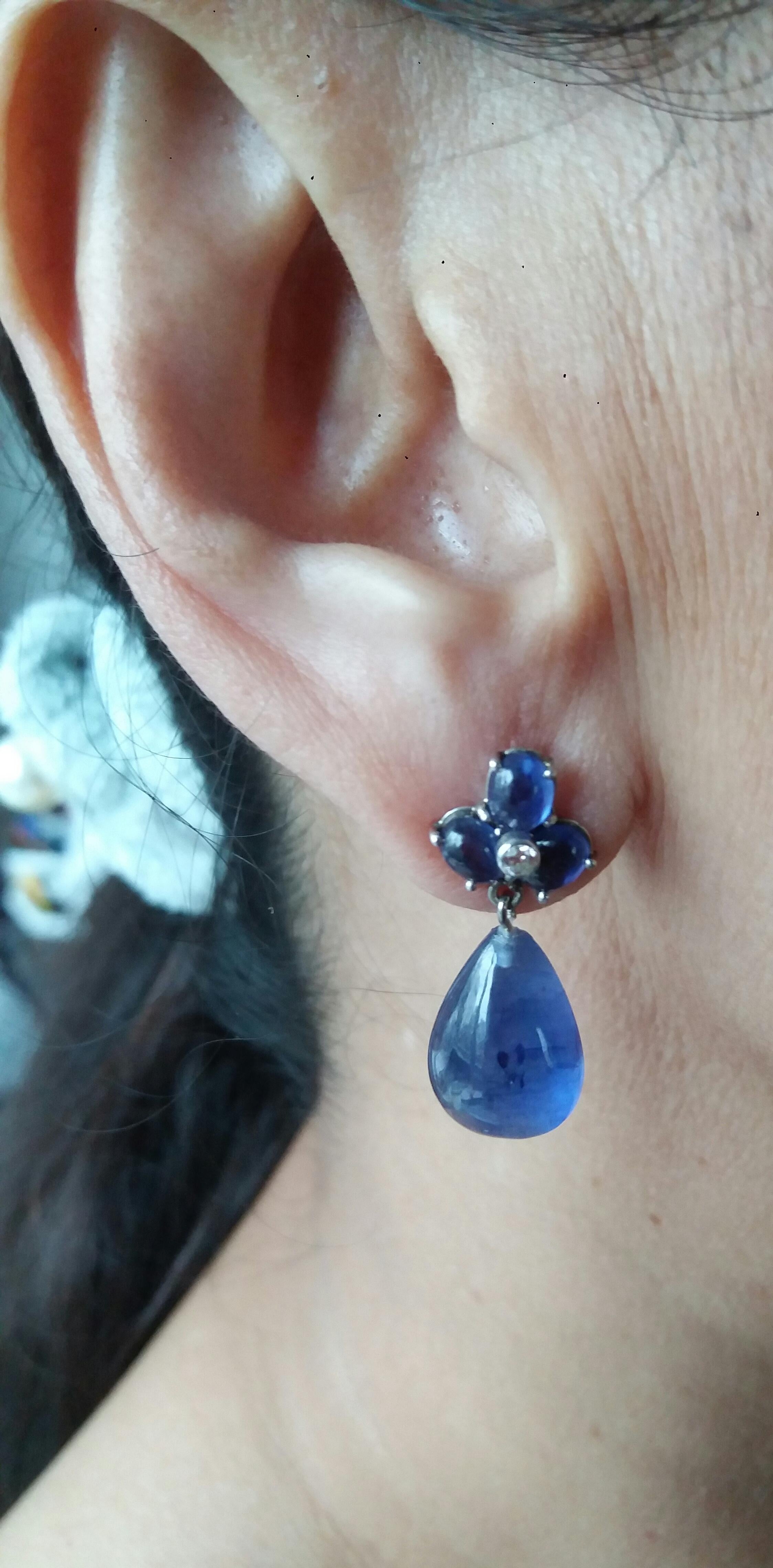 6 Oval Blue Sapphires Gold Diamonds Pear Shape Blue Sapphires Drops Earrings For Sale 7
