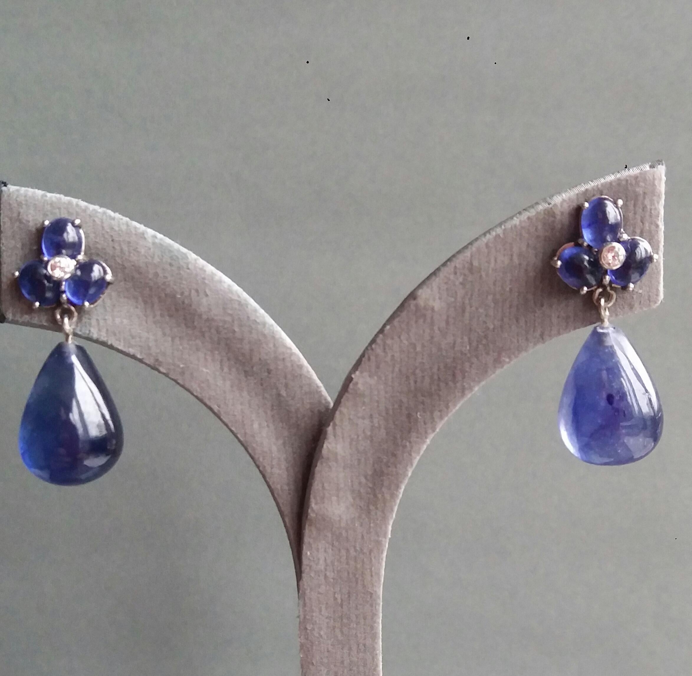 Contemporary 6 Oval Blue Sapphires Gold Diamonds Pear Shape Blue Sapphires Drops Earrings For Sale
