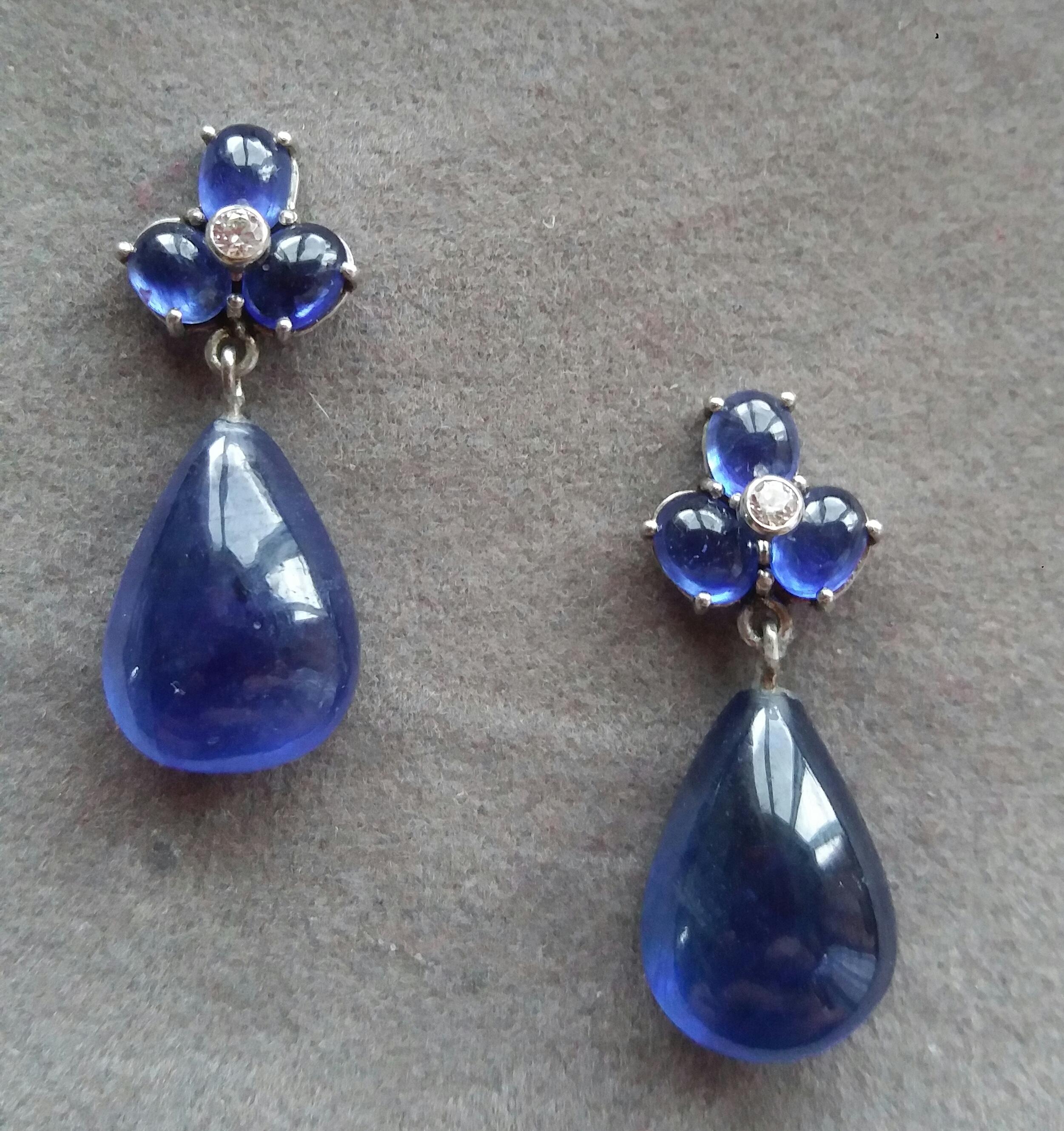 Contemporary 6 Oval Blue Sapphires Gold Diamonds Pear Shape Blue Sapphires Drops Earrings For Sale