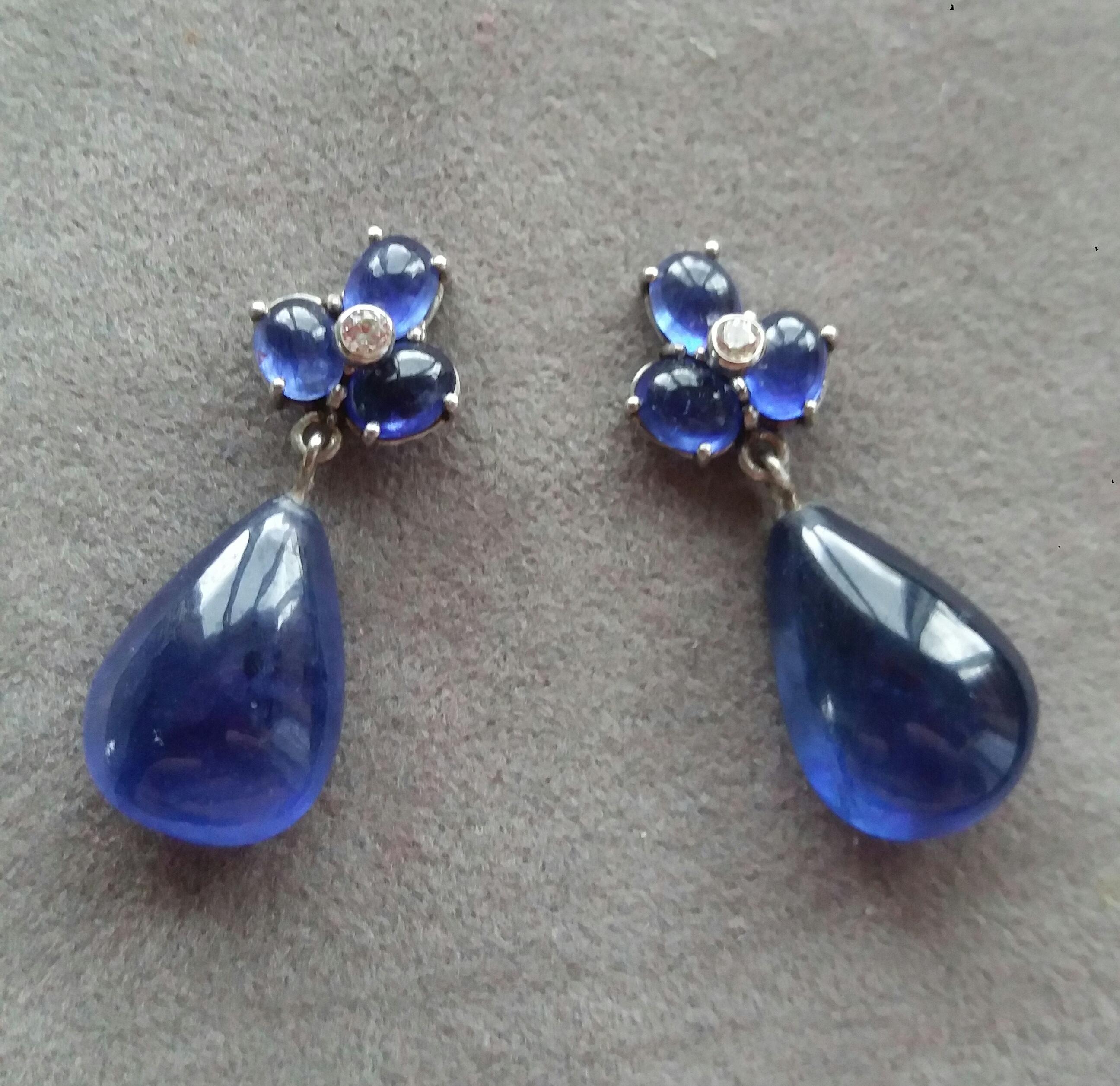 Mixed Cut 6 Oval Blue Sapphires Gold Diamonds Pear Shape Blue Sapphires Drops Earrings For Sale