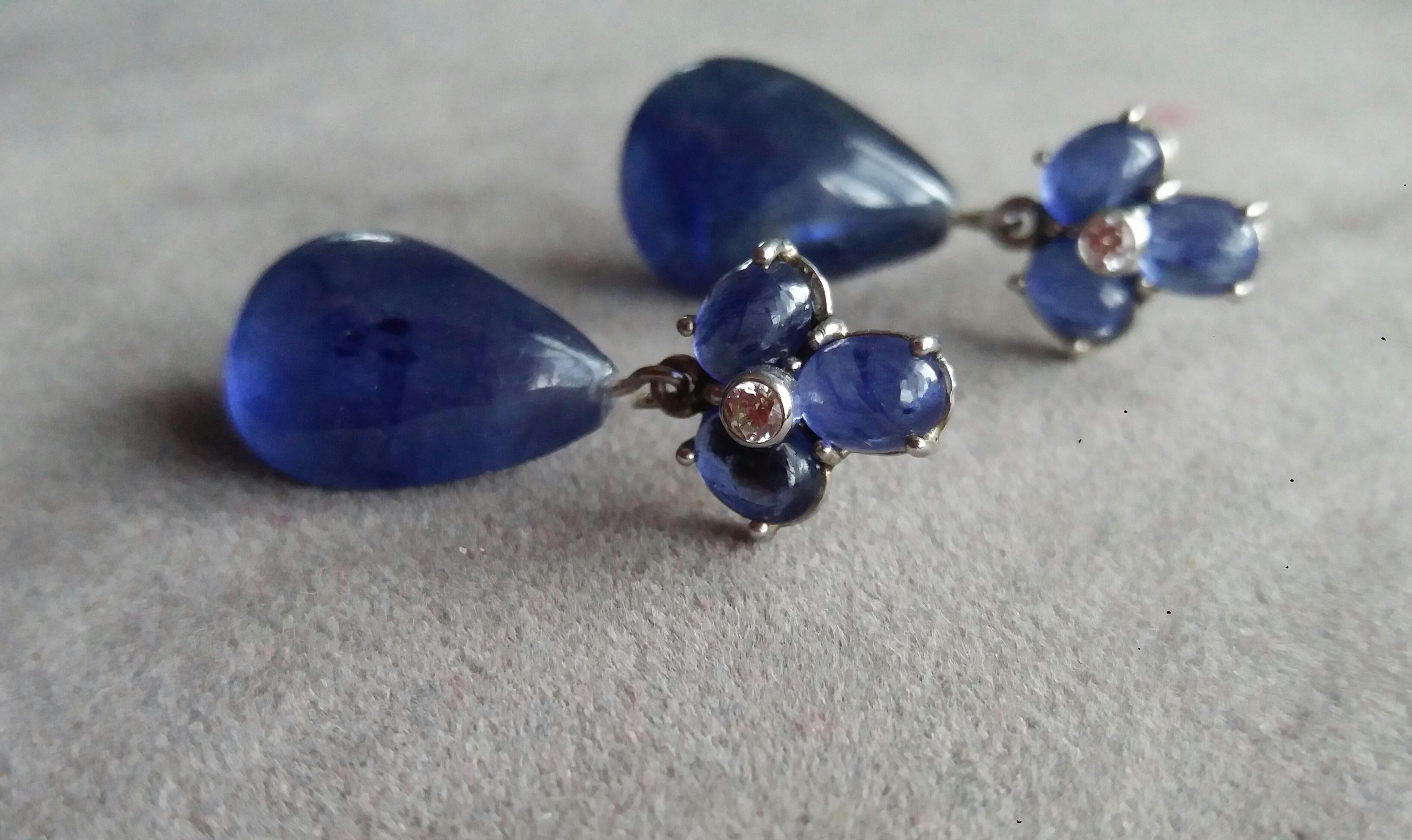 Women's 6 Oval Blue Sapphires Gold Diamonds Pear Shape Blue Sapphires Drops Earrings For Sale