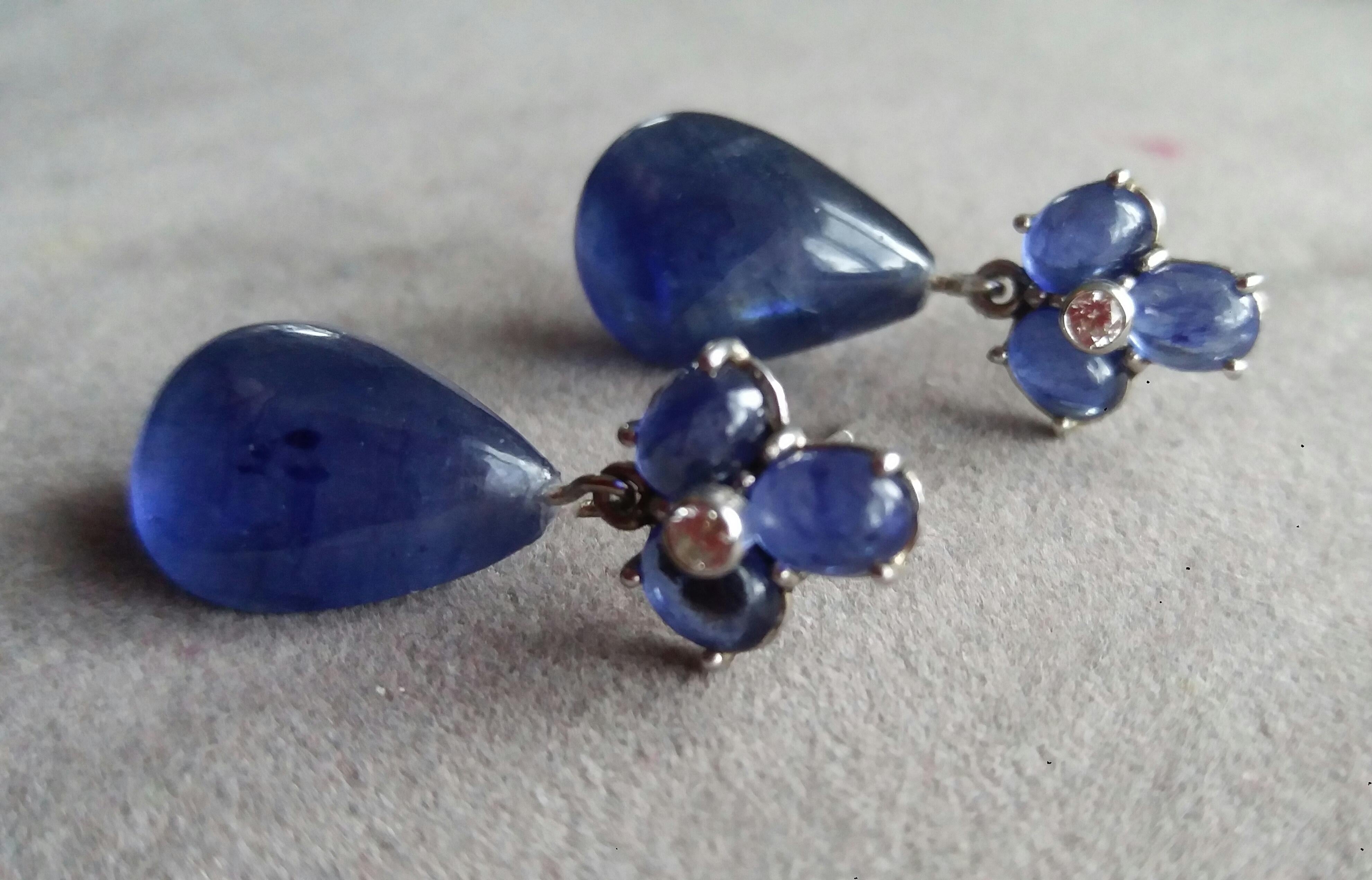 Women's 6 Oval Blue Sapphires Gold Diamonds Pear Shape Blue Sapphires Drops Earrings For Sale