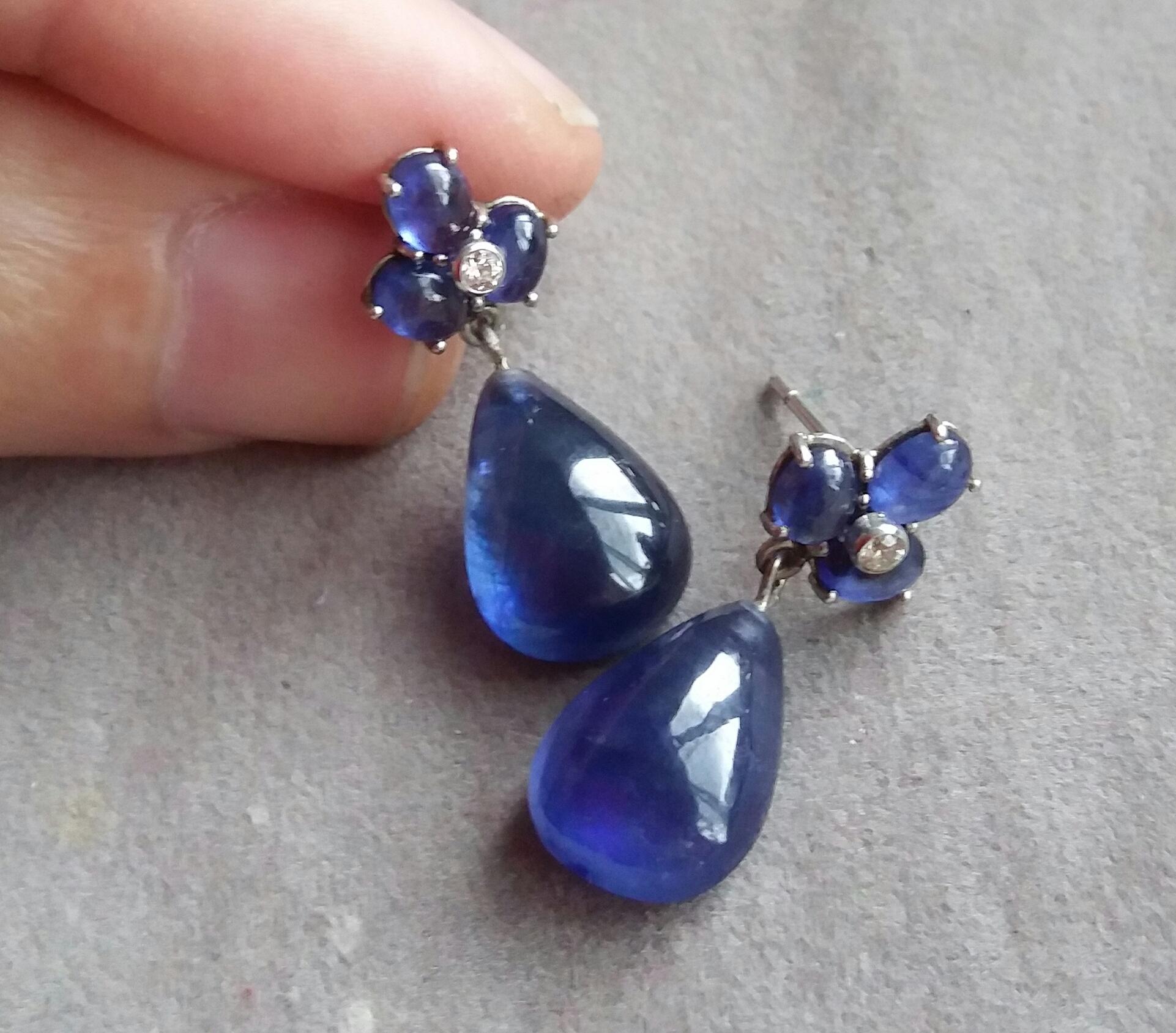 6 Oval Blue Sapphires Gold Diamonds Pear Shape Blue Sapphires Drops Earrings For Sale 1