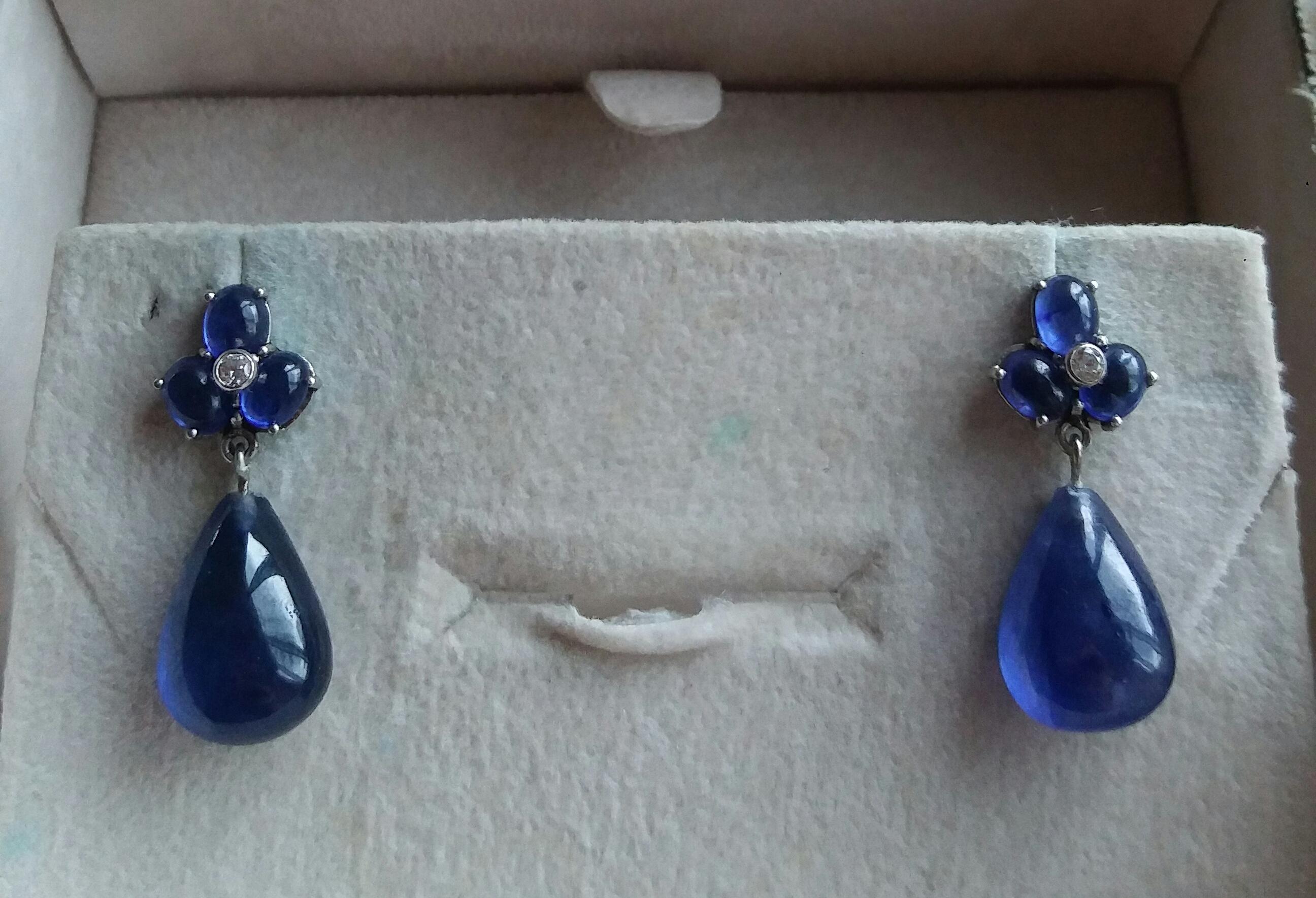 6 Oval Blue Sapphires Gold Diamonds Pear Shape Blue Sapphires Drops Earrings For Sale 2