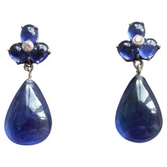Used 6 Oval Blue Sapphires Gold Diamonds Pear Shape Blue Sapphires Drops Earrings