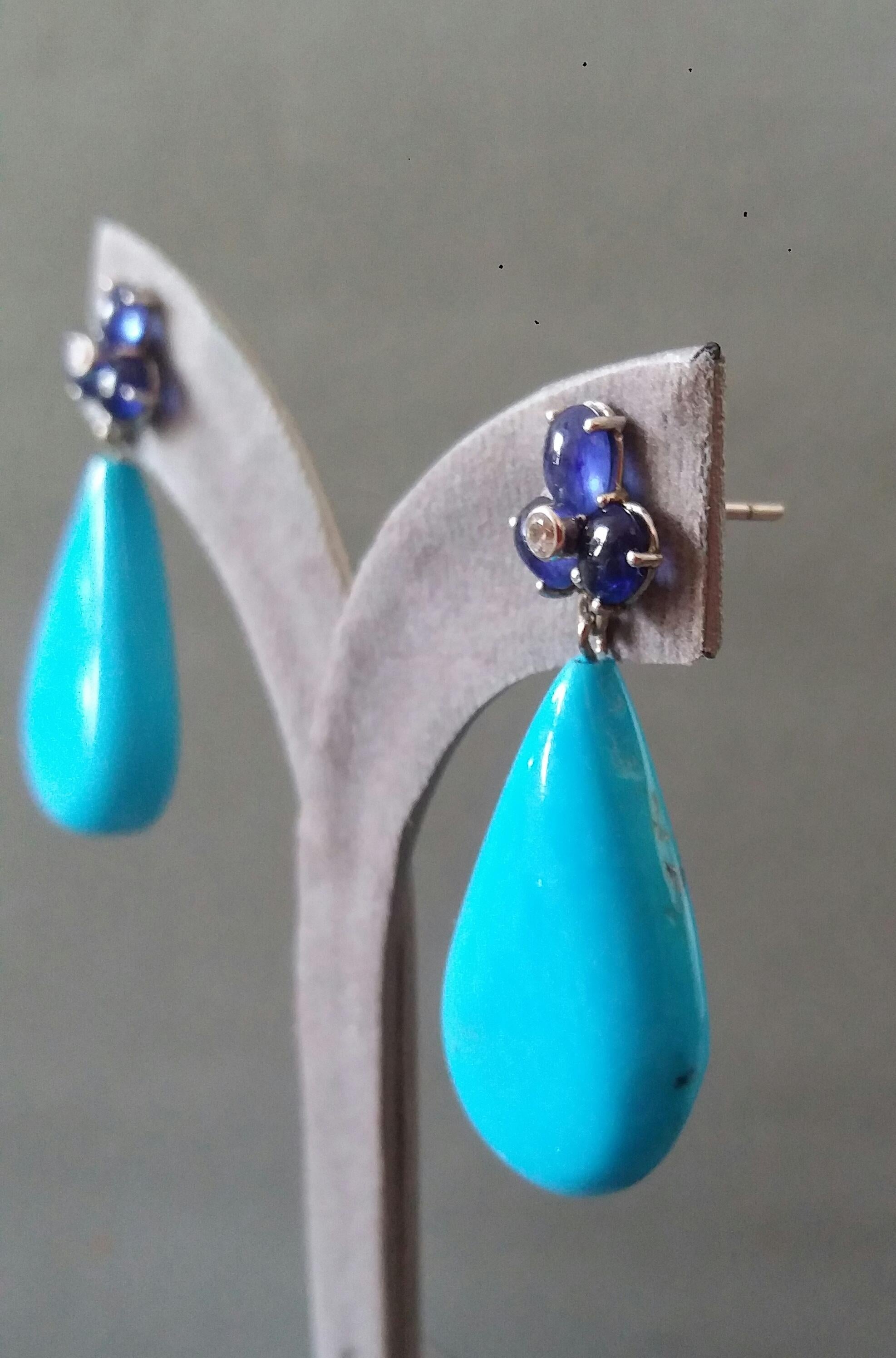 6 Oval Blue Sapphires Gold Diamonds Pear Shape Natural Turquoise Drops Earrings 3