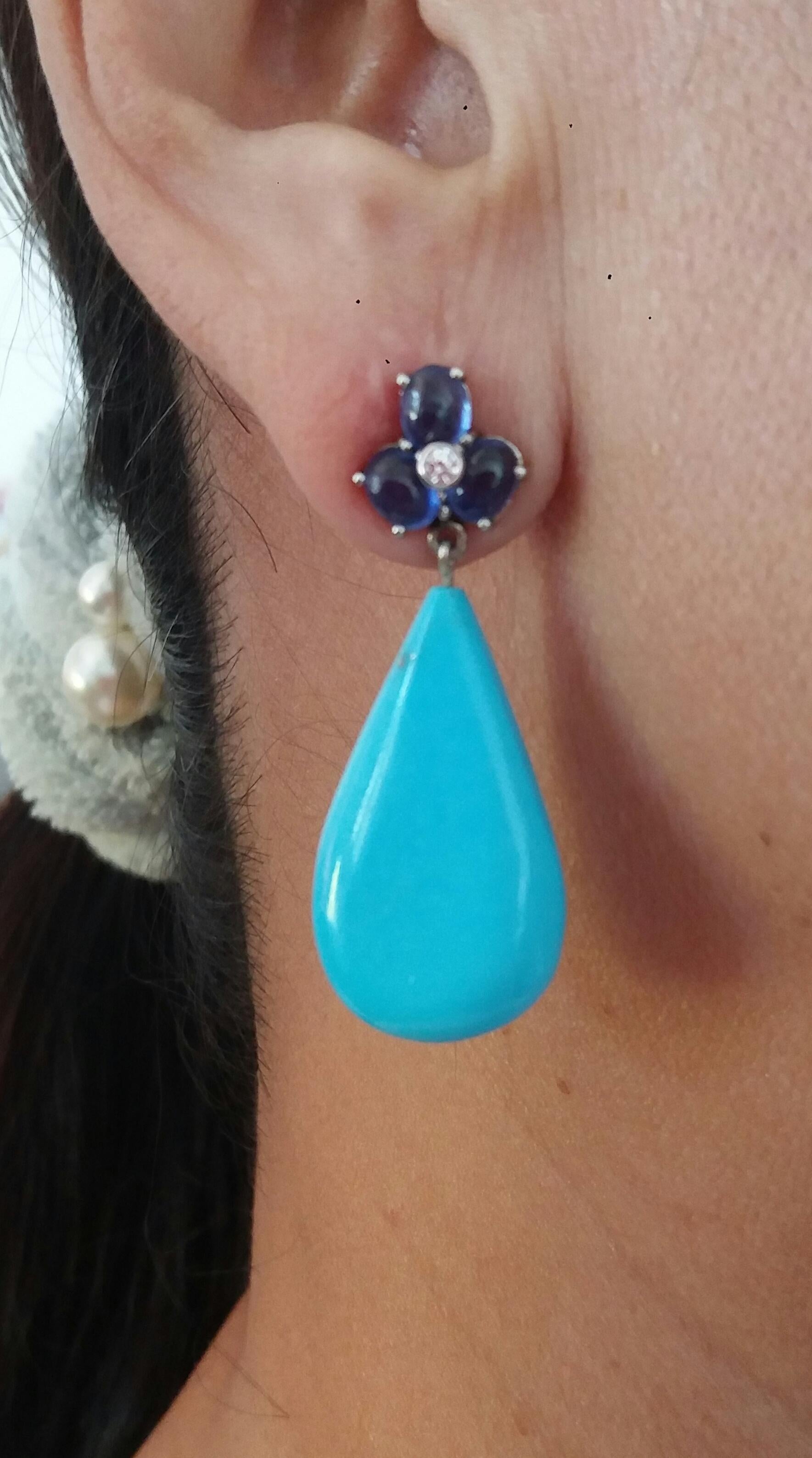 6 Oval Blue Sapphires Gold Diamonds Pear Shape Natural Turquoise Drops Earrings For Sale 6