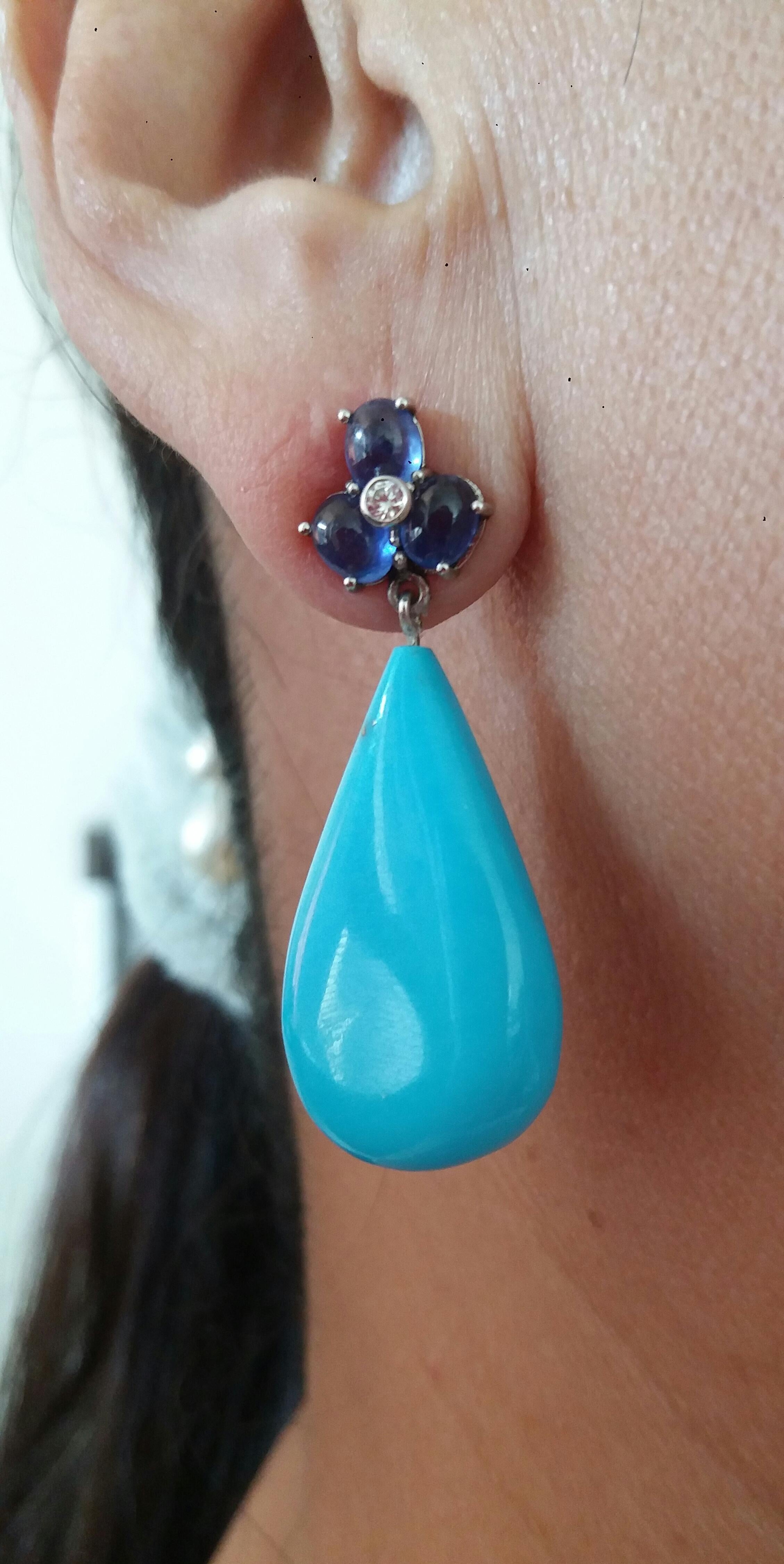 6 Oval Blue Sapphires Gold Diamonds Pear Shape Natural Turquoise Drops Earrings 6