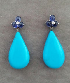 6 Oval Blue Sapphires Gold Diamonds Pear Shape Natural Turquoise Drops Earrings