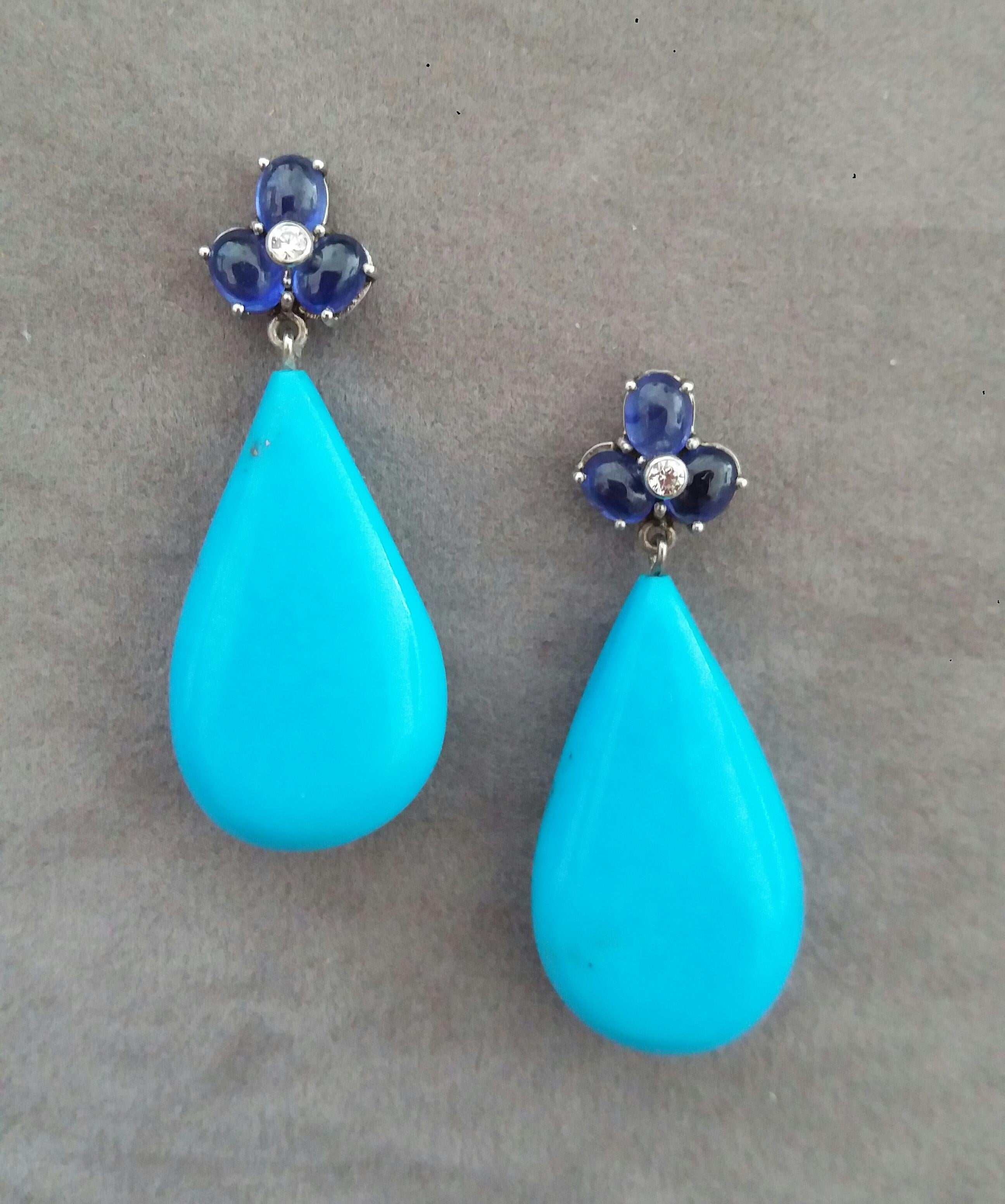 Contemporary 6 Oval Blue Sapphires Gold Diamonds Pear Shape Natural Turquoise Drops Earrings For Sale