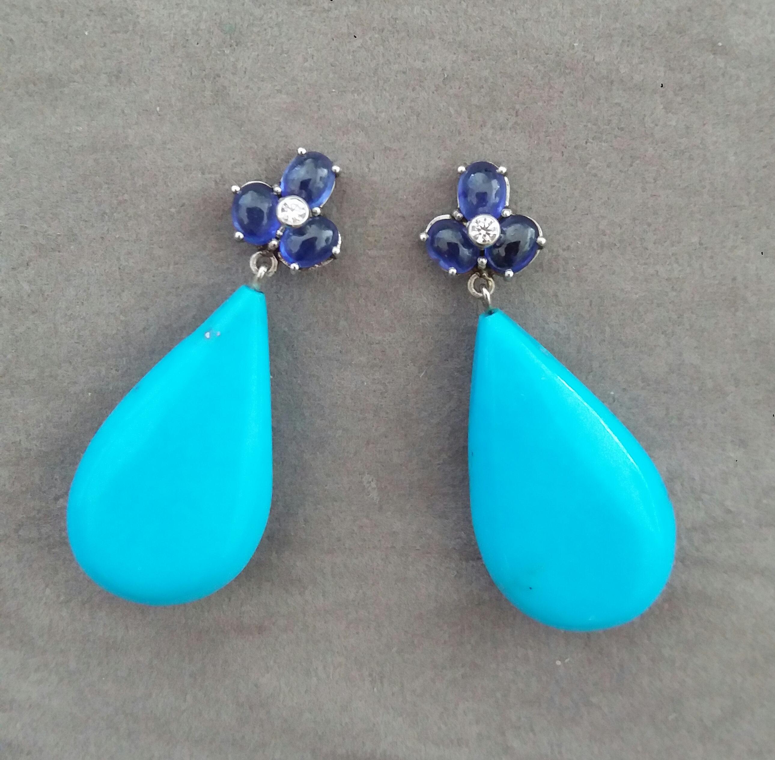 Mixed Cut 6 Oval Blue Sapphires Gold Diamonds Pear Shape Natural Turquoise Drops Earrings For Sale