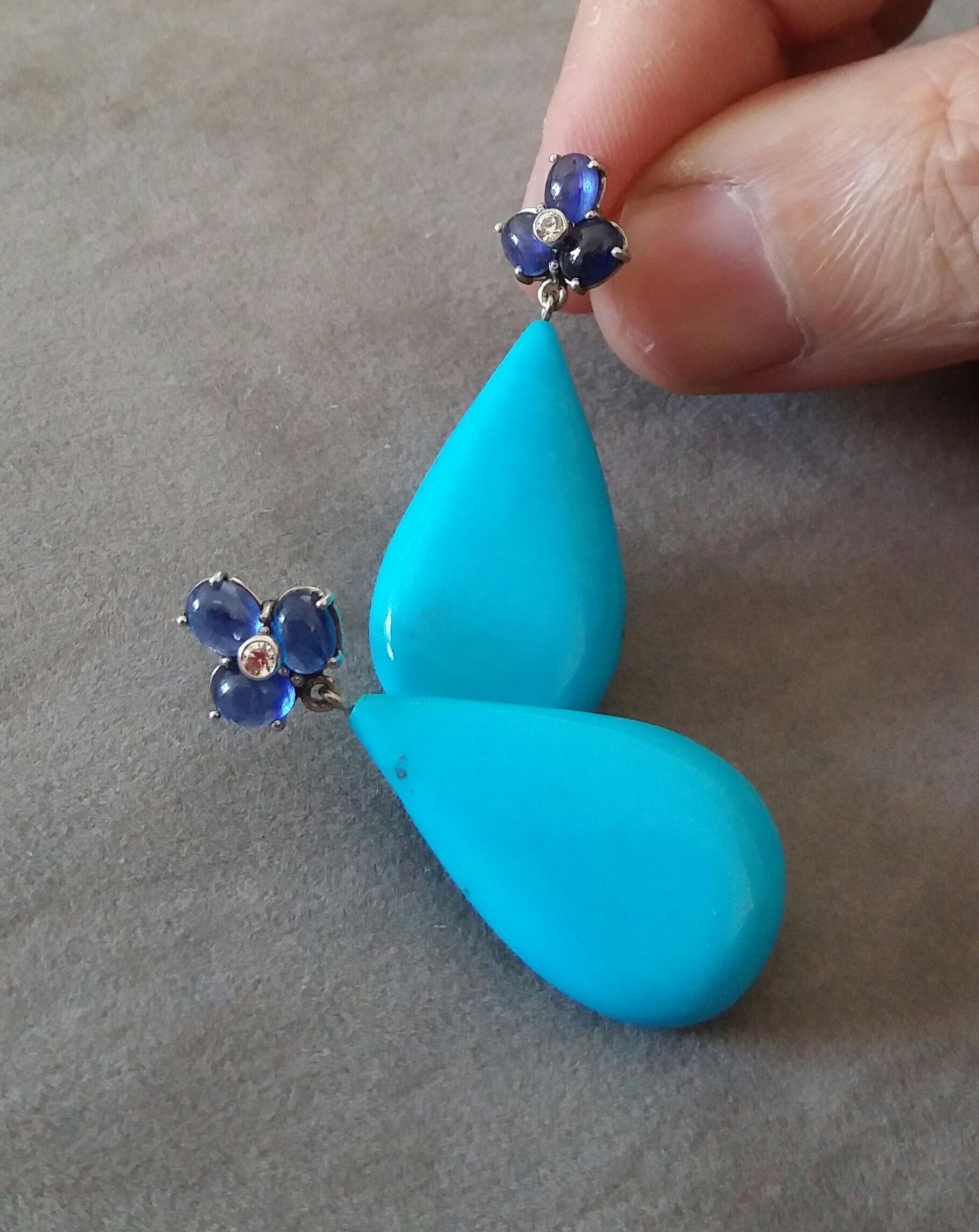 6 Oval Blue Sapphires Gold Diamonds Pear Shape Natural Turquoise Drops Earrings In Good Condition For Sale In Bangkok, TH