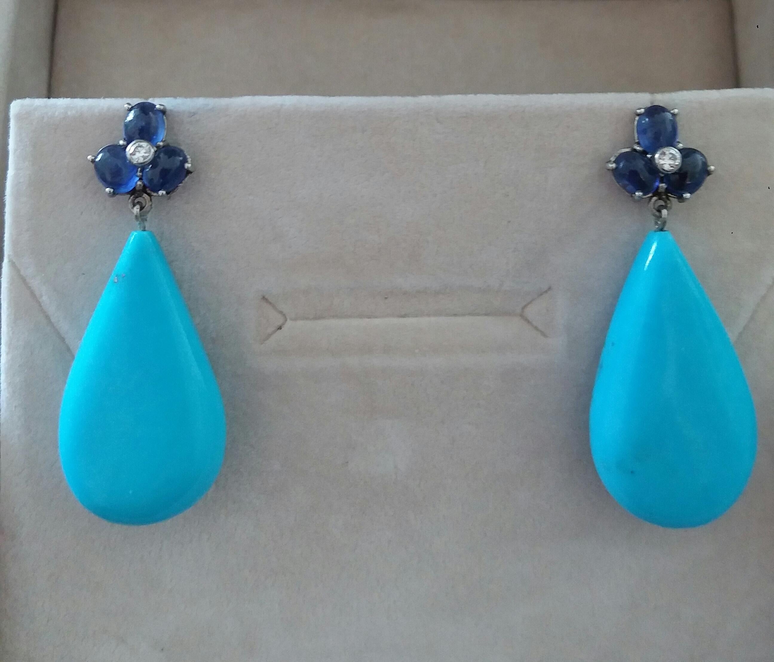 6 Oval Blue Sapphires Gold Diamonds Pear Shape Natural Turquoise Drops Earrings In Good Condition In Bangkok, TH