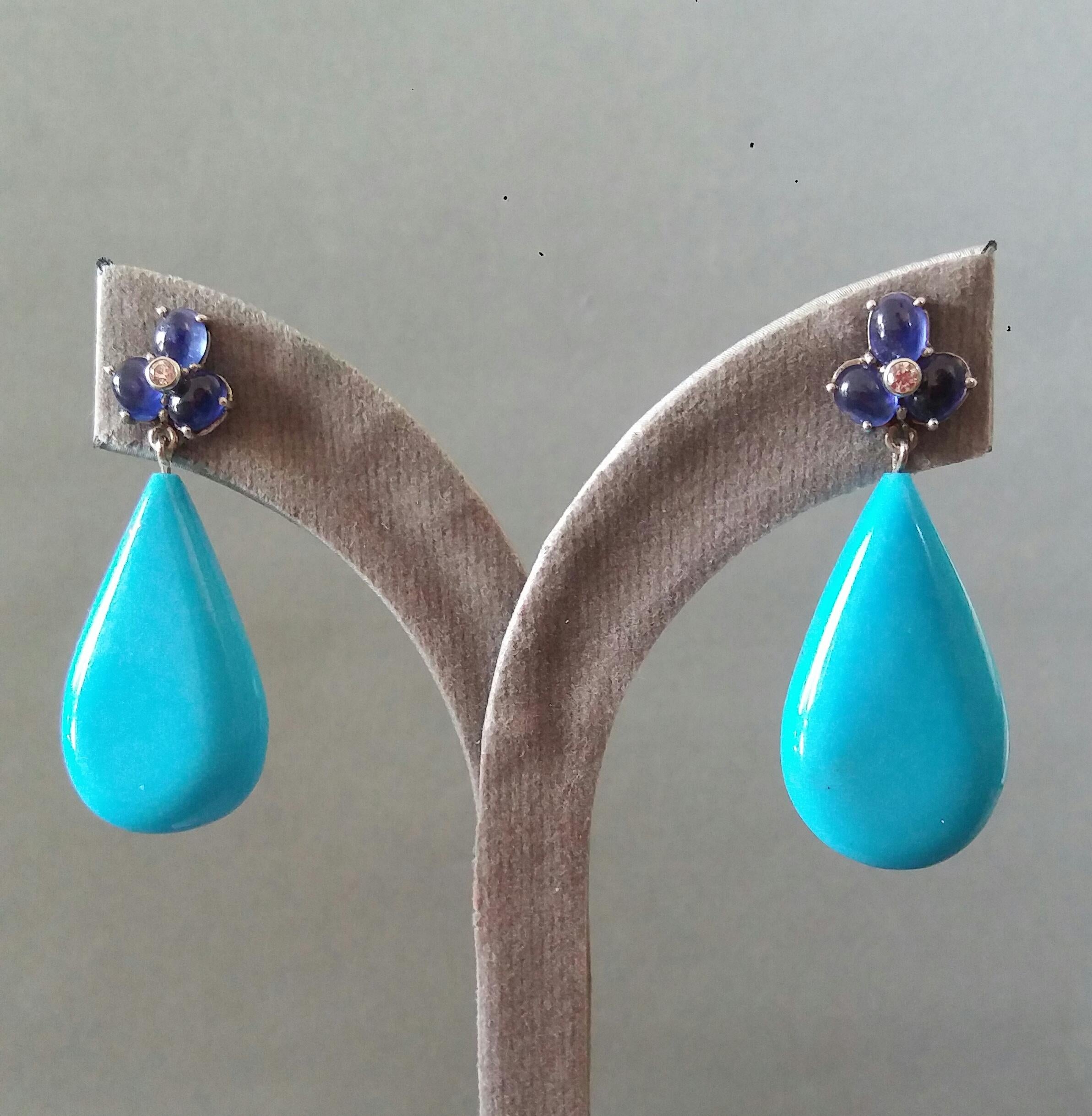 6 Oval Blue Sapphires Gold Diamonds Pear Shape Natural Turquoise Drops Earrings 1