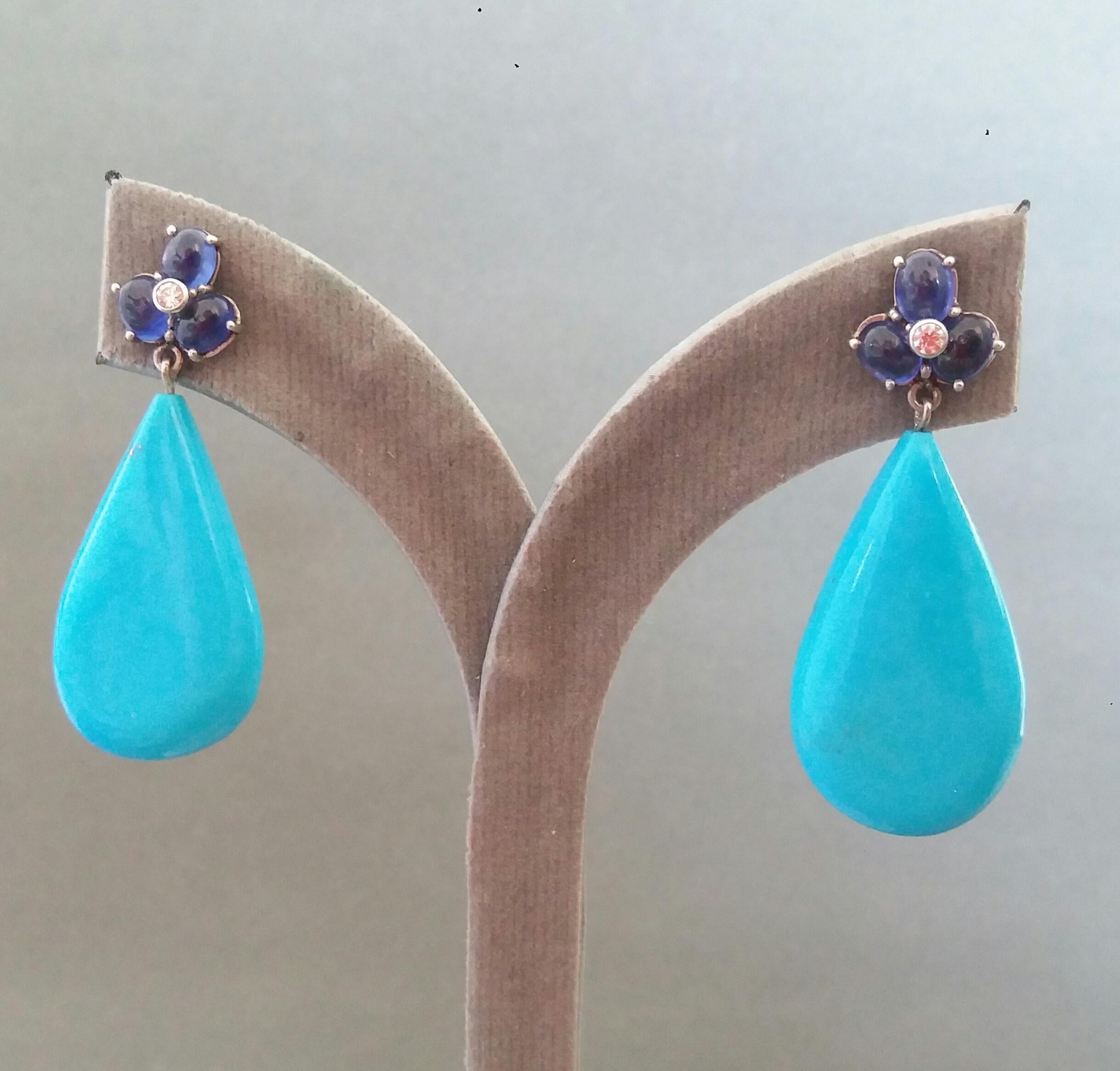 6 Oval Blue Sapphires Gold Diamonds Pear Shape Natural Turquoise Drops Earrings For Sale 3