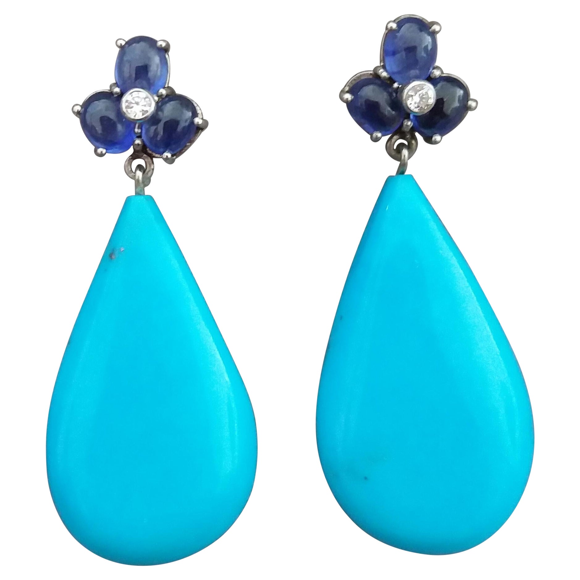 6 Oval Blue Sapphires Gold Diamonds Pear Shape Natural Turquoise Drops Earrings For Sale